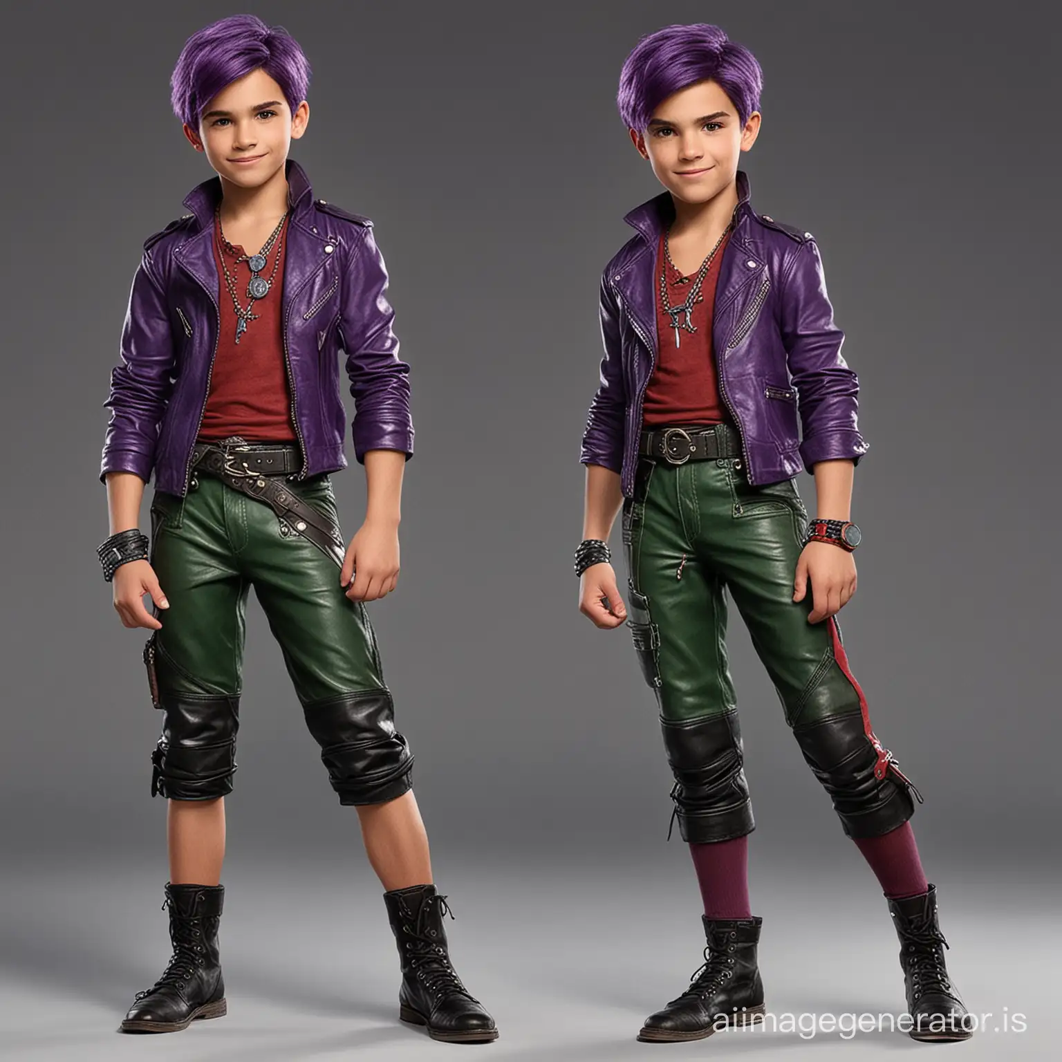 Create a strong, fit 8 year old boy with abs, short purple hair similar to Mal's from the Disney movies Descendants, Isle of the Lost, purple, green and red leather outfit similar to Mal's from Descendants, shorts, Mal's younger brother by a year, there should be a resemblance 