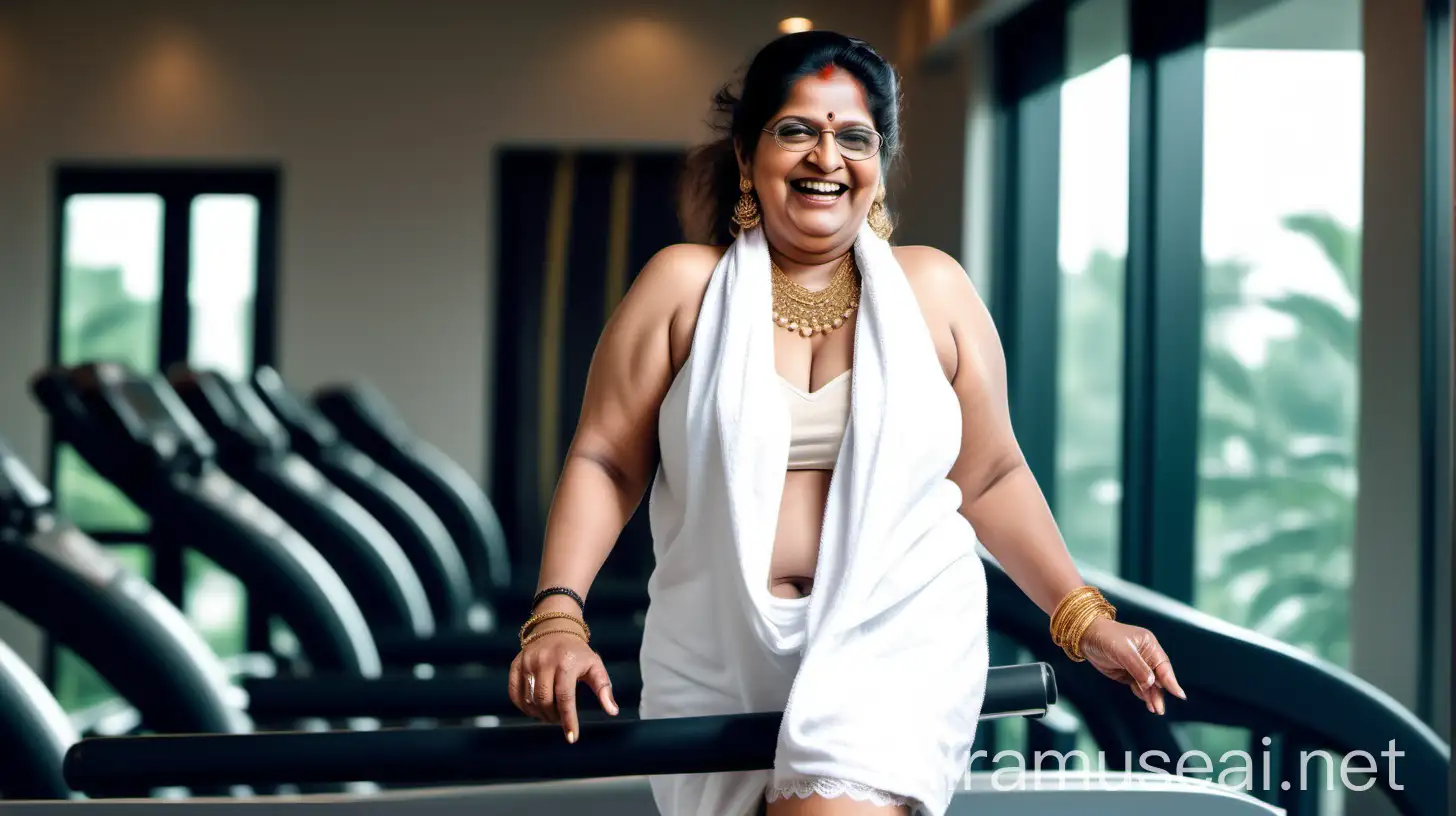 
a indian mature  fat woman having big stomach age 45 years old attractive looks with make up on face ,binding her high volume hairs, open Hairstyle. wearing metal anklet on feet and high heels ,   . she is happy and smiling. she is wearing  neck lace in her neck , earrings in ears, a gold spectacles with chain holder on her eyes and wearing a white bath towel  on her body. she has a vanity bag on her shoulders. she is walking  on a  Treadmill  in a luxurious gym,  and its day time .  show full body.
