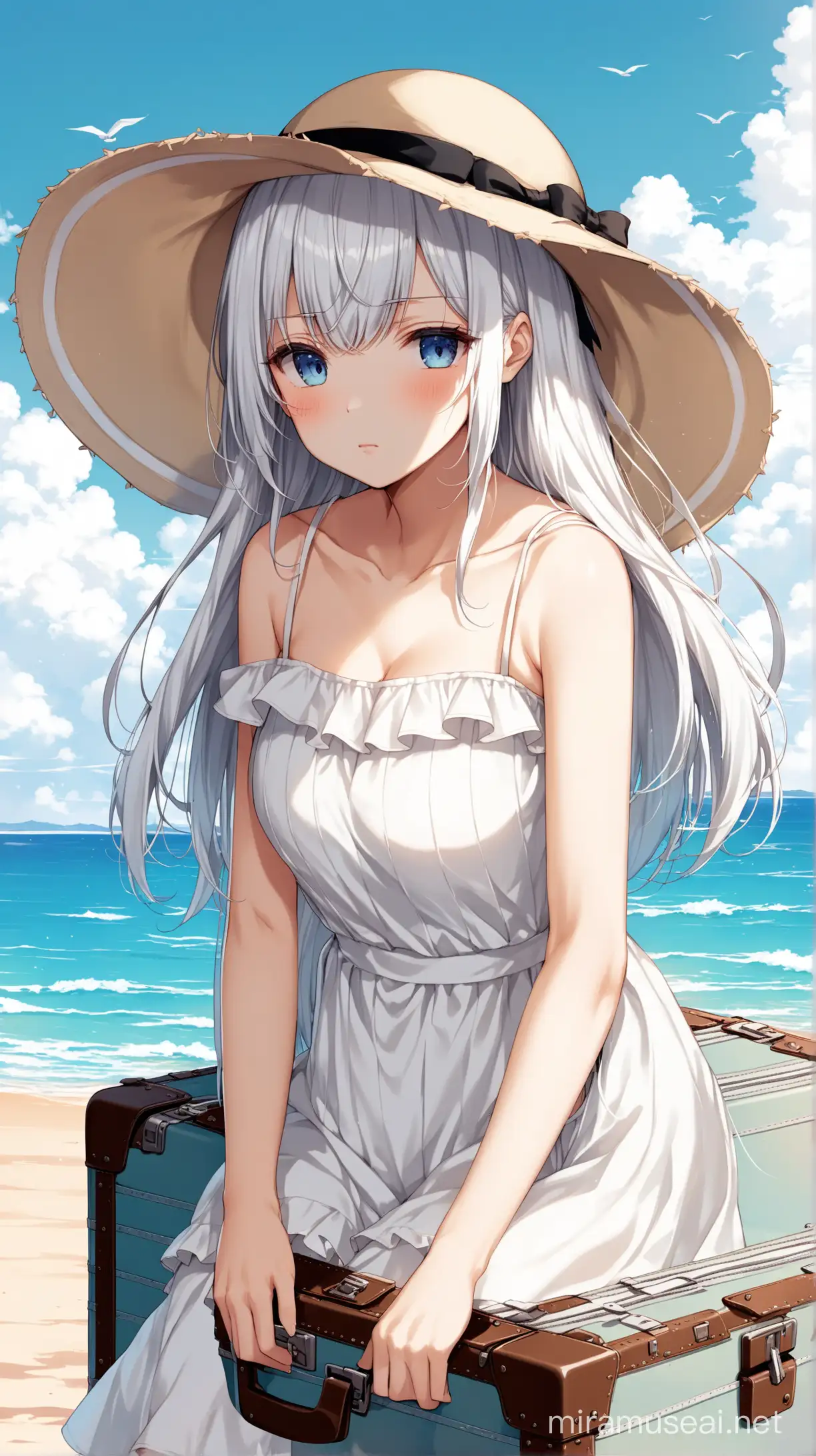 
Aesthetic ((Kei Shirogane/Kaguya-sama: Love is War)), ((long silver white hair)), ((blue eyes)), a white sundress with thin straps, skirt ruffles, ((emotionless)), ((cold expression)), ((wearing a large brim white floppy beach hat)), ((1 large white vintage style suitcase))