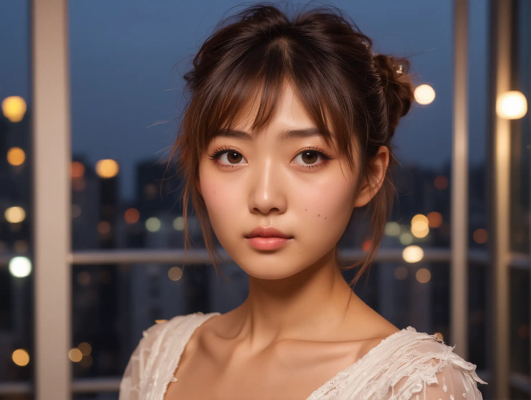 face of an angelic sweet skinny japanese fashion model at a party at dusk in a luxury high rise. she has a sweet kind face and soulful intelligent eyes.