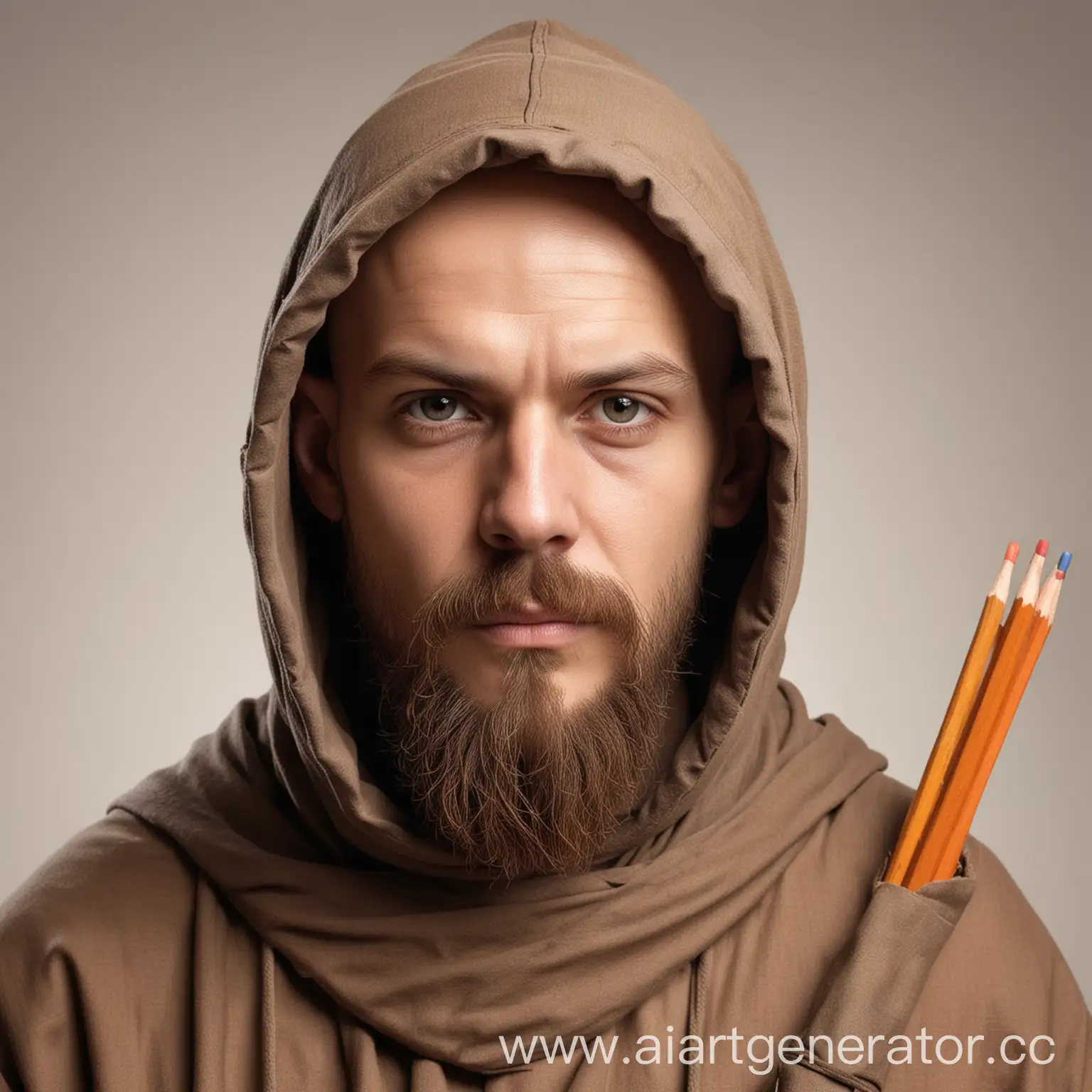 Лицо монаха в капюшоне, лицо нейтральное, борода усы, лысый, в руках карандаши, на светлом фоне