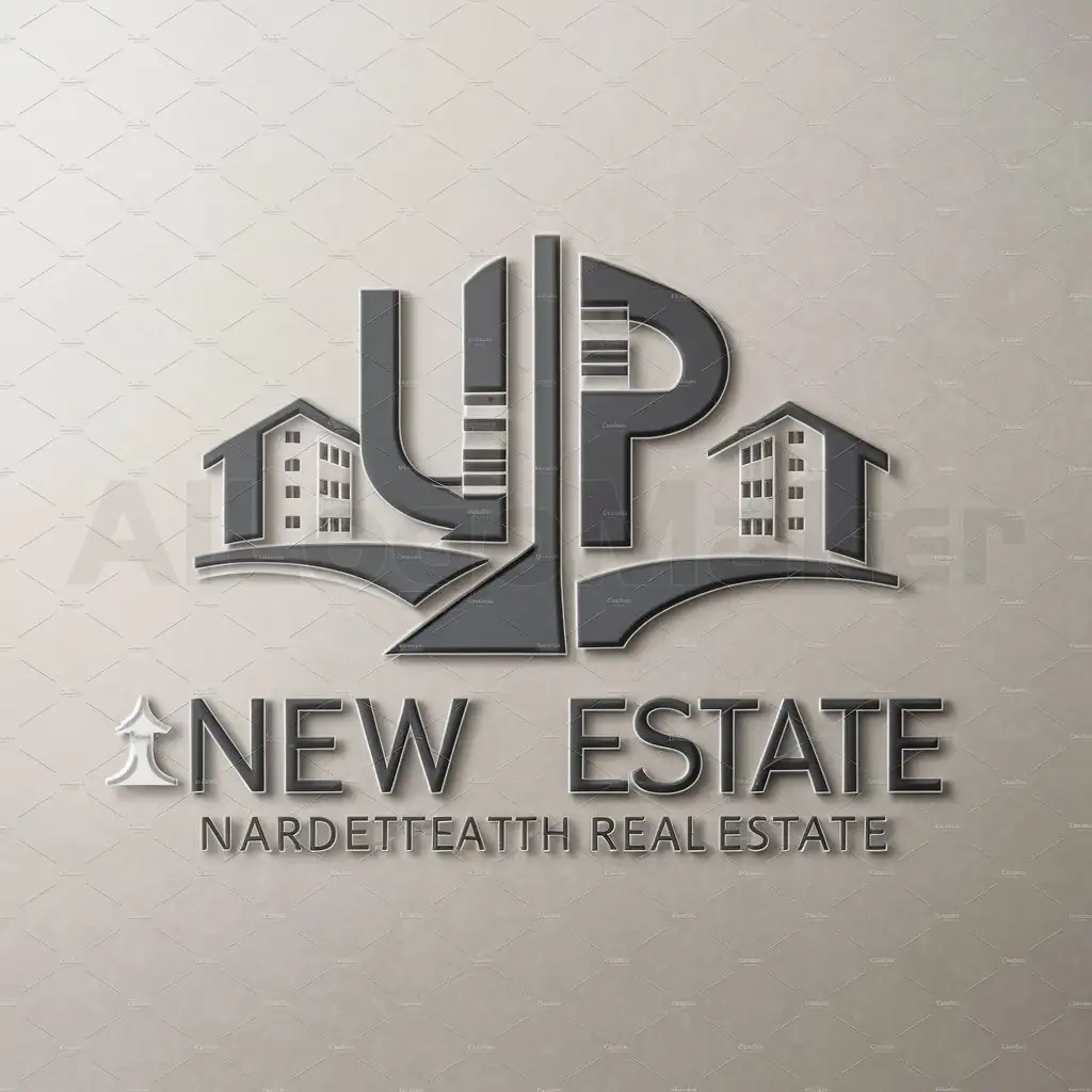 a logo design,with the text 'new', main symbol: a U shaped and P shaped building with road info of the building, and two smaller buildings to the side,Moderate, with window like strcuture on it, to be used in Real Estate industry, clear background