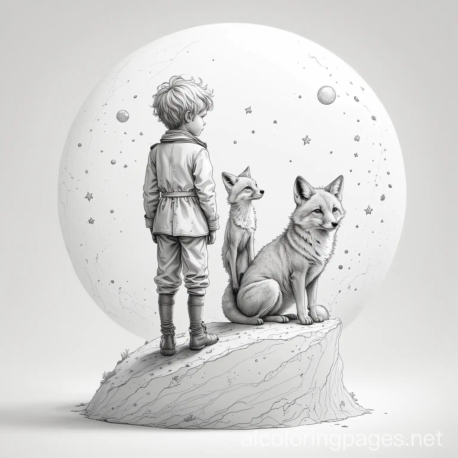 The-Little-Prince-and-the-Fox-on-Their-Planetary-Journey-Black-and-White-Coloring-Page