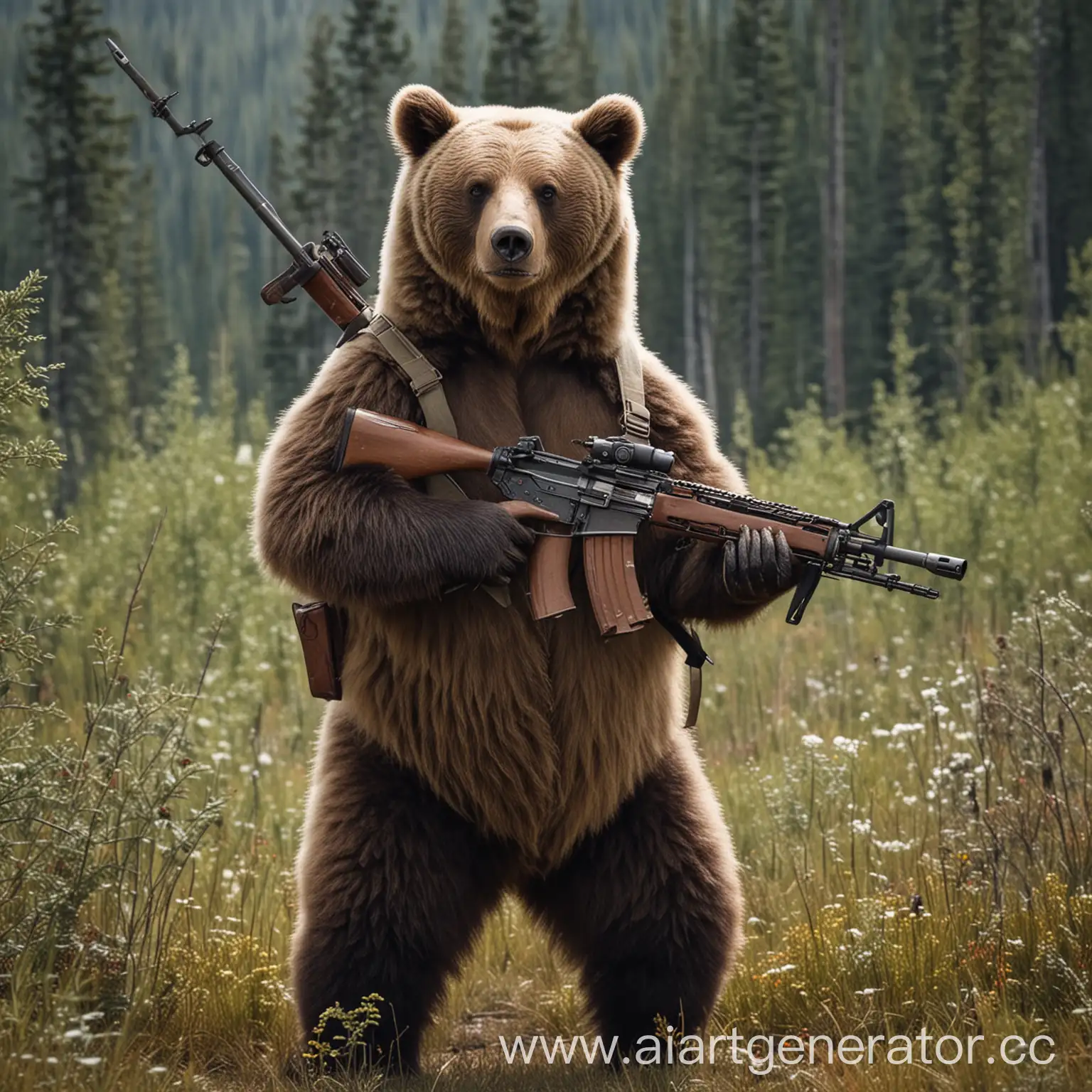 Wild-Bear-Holding-Rifle-in-Forest-Wilderness