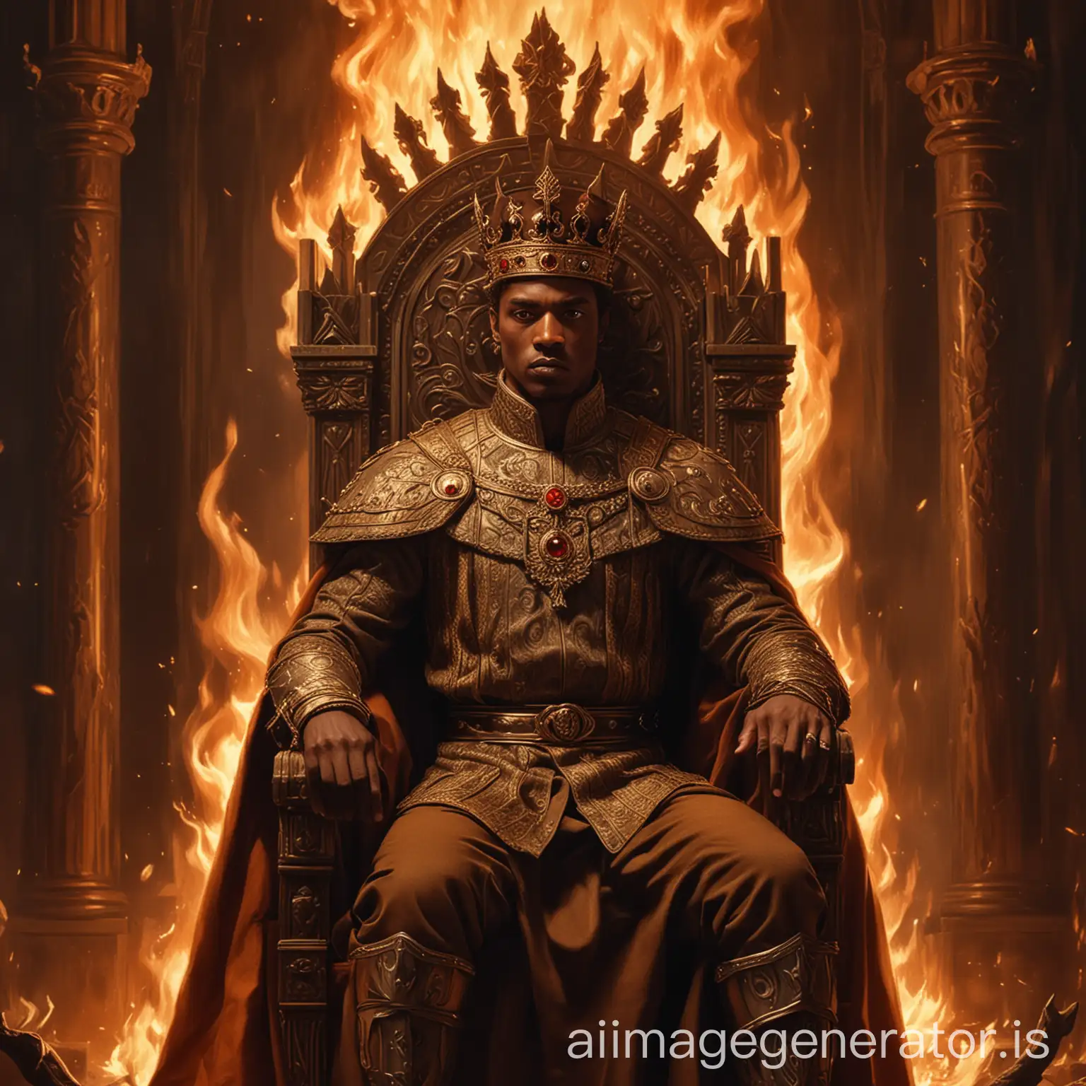 A menacing king with brown skin, short brown hair, an elegant crown, and he is sitting on a throne. He is also surrounded by flames.