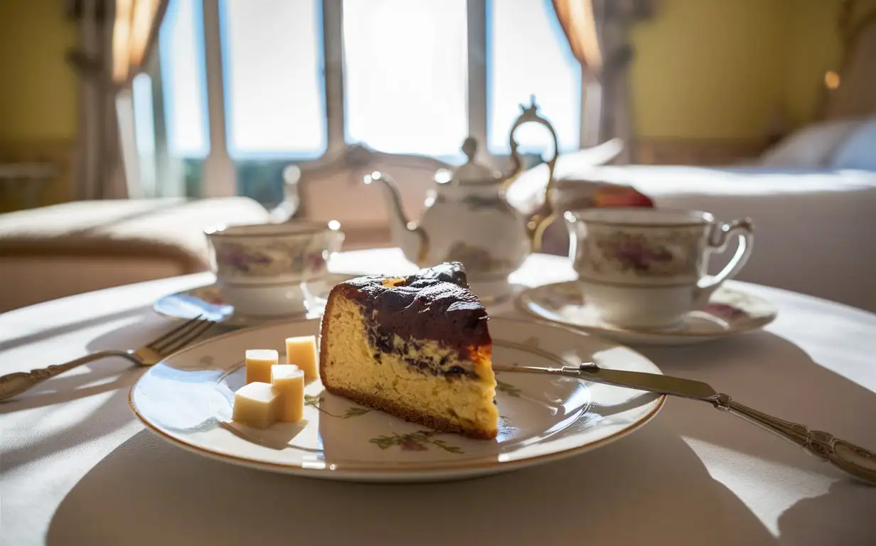 A piece of baked scorched gateau basque cake, bright natural light, in the bedroom room of the villa, afternoon tea, with knife and fork, cheese cubes.