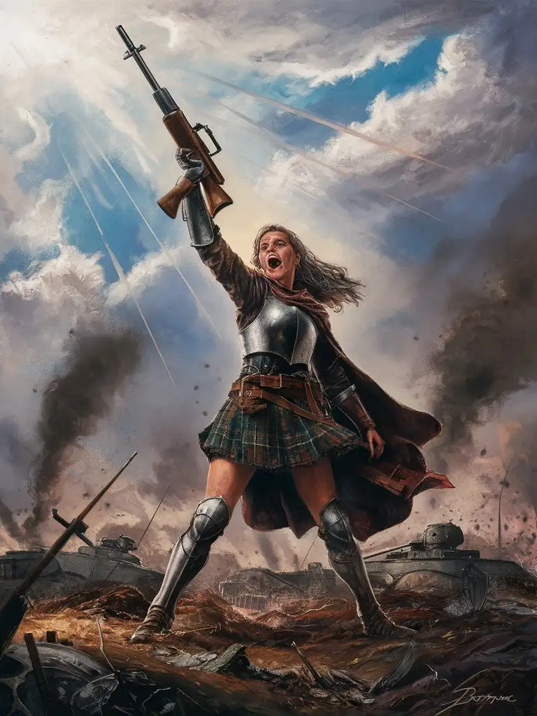 woman plaid skirt medieval knight holding up in the air an anti-tank rifle rifle on the battlefield, in the style of "La liberté guidant le peuple" of Eugène Delacroix, romantic style, high definition details
