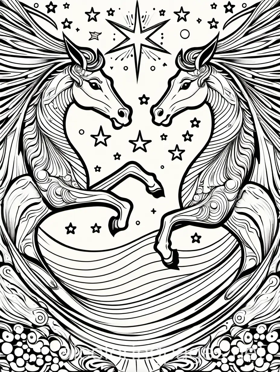 A celestial ballet performed by star unicorns and celestial dragons, their movements synchronized with the rhythm of the cosmos., Coloring Page, black and white, line art, white background, Simplicity, Ample White Space. The background of the coloring page is plain white to make it easy for young children to color within the lines. The outlines of all the subjects are easy to distinguish, making it simple for kids to color without too much difficulty