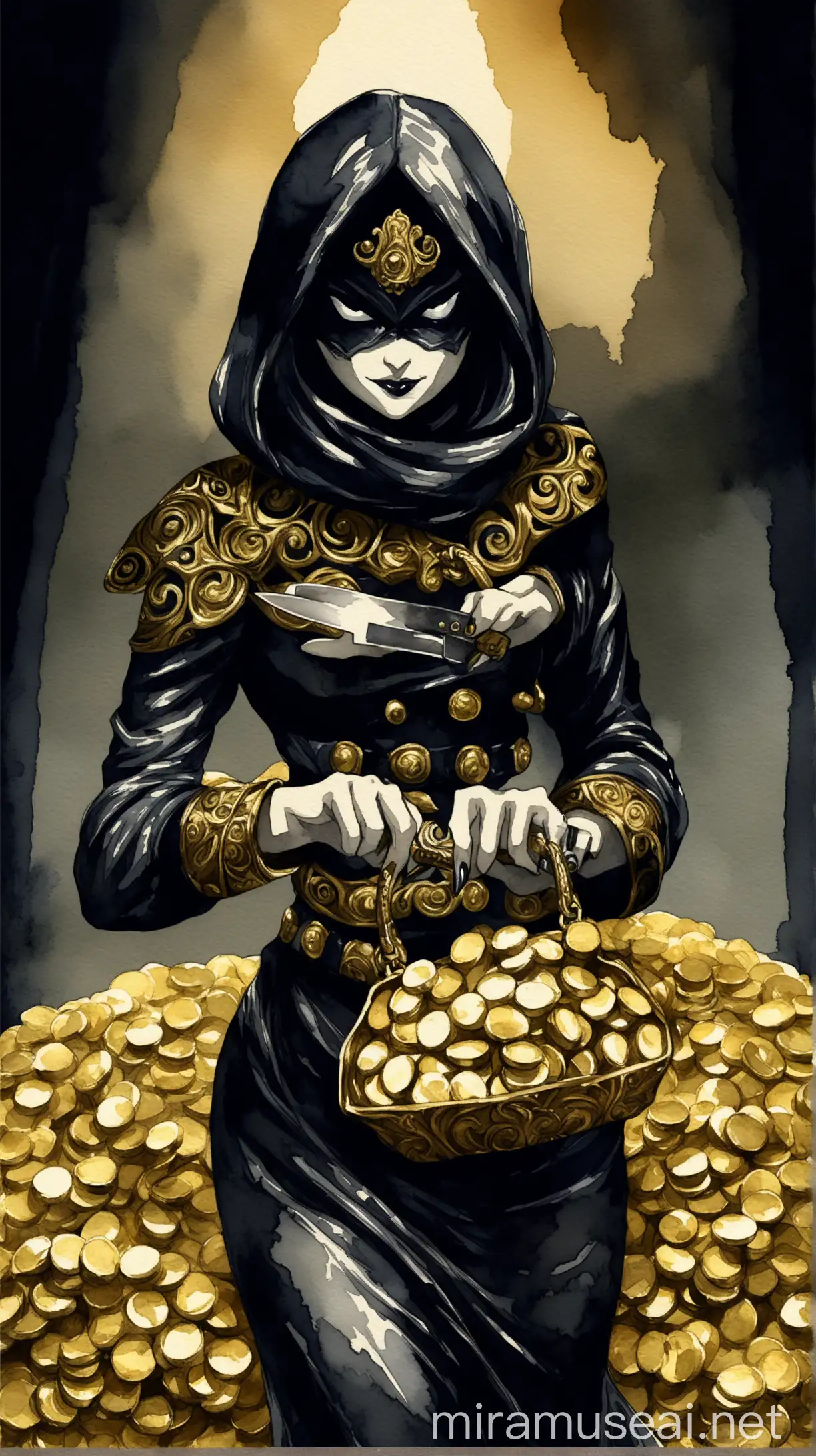 Subject: The central focus of the image is a beautiful and elegant evil woman thief with a bag of gold and with a knife.
Background: dark background painted in watercolor
Style/Coloring: Colors adds depth and richness to the scene. Textures and shadows make the picture more detailed. JoJo reference.