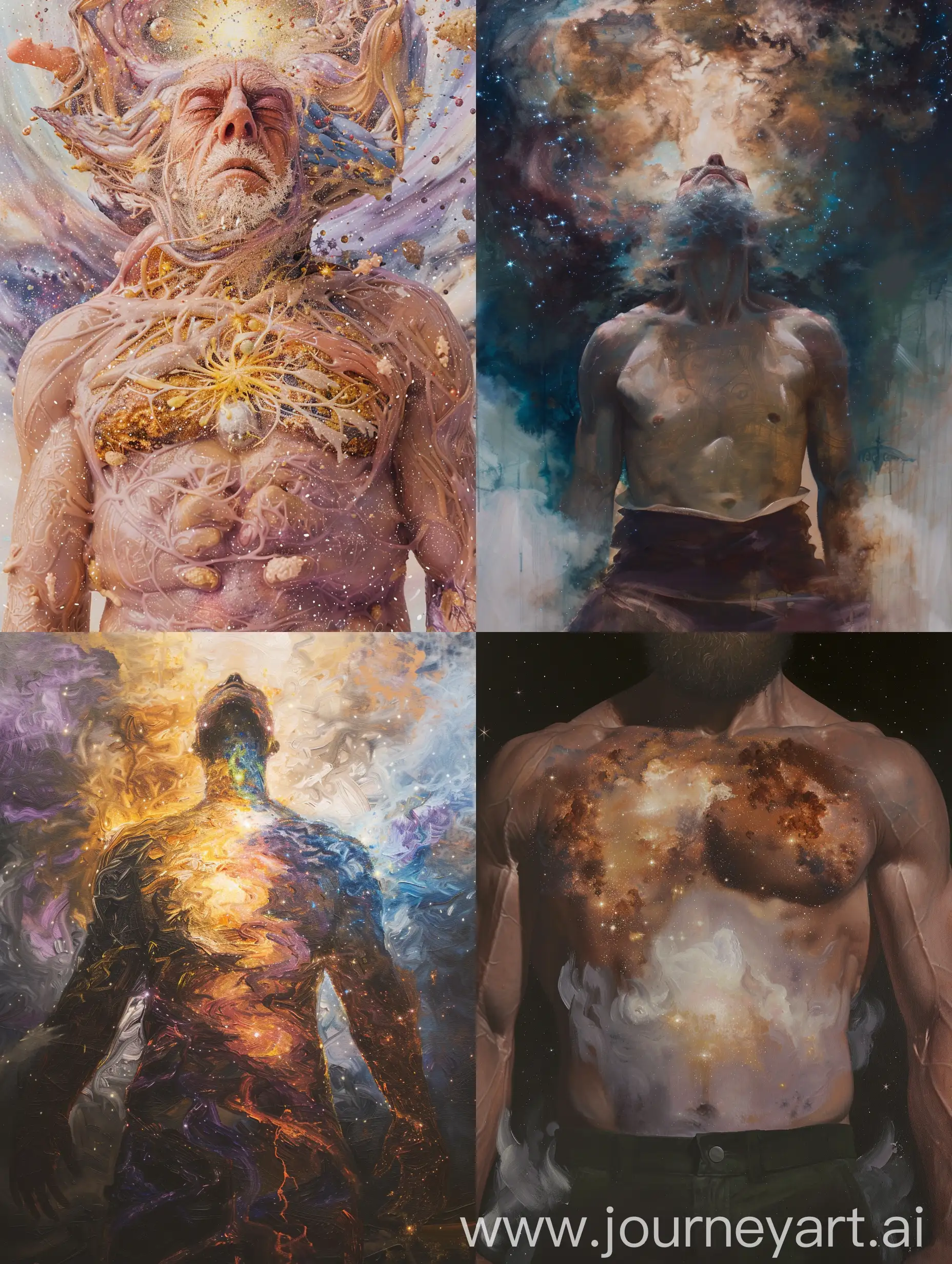 Details from my imagination for the systems of journey: altar art paints, #fantasyart #characterart #midjourney #aigeneratedart #alart #alartcommunity #alartists. 

Details, subject: #oil #painting on #canvas #art, #contrast #noai. Photorealism. Waist up view, the first primordial, the first god, the very sky and stars itself manifested in a lesser divine form. He has the appearance of his realm his own body. 

Finishing details: #polish #master #artist #surreal #special, #artificialintelligence #aiart #aiartwork #aiartist #aiartcommunity #midjourney #midjourneyart. 