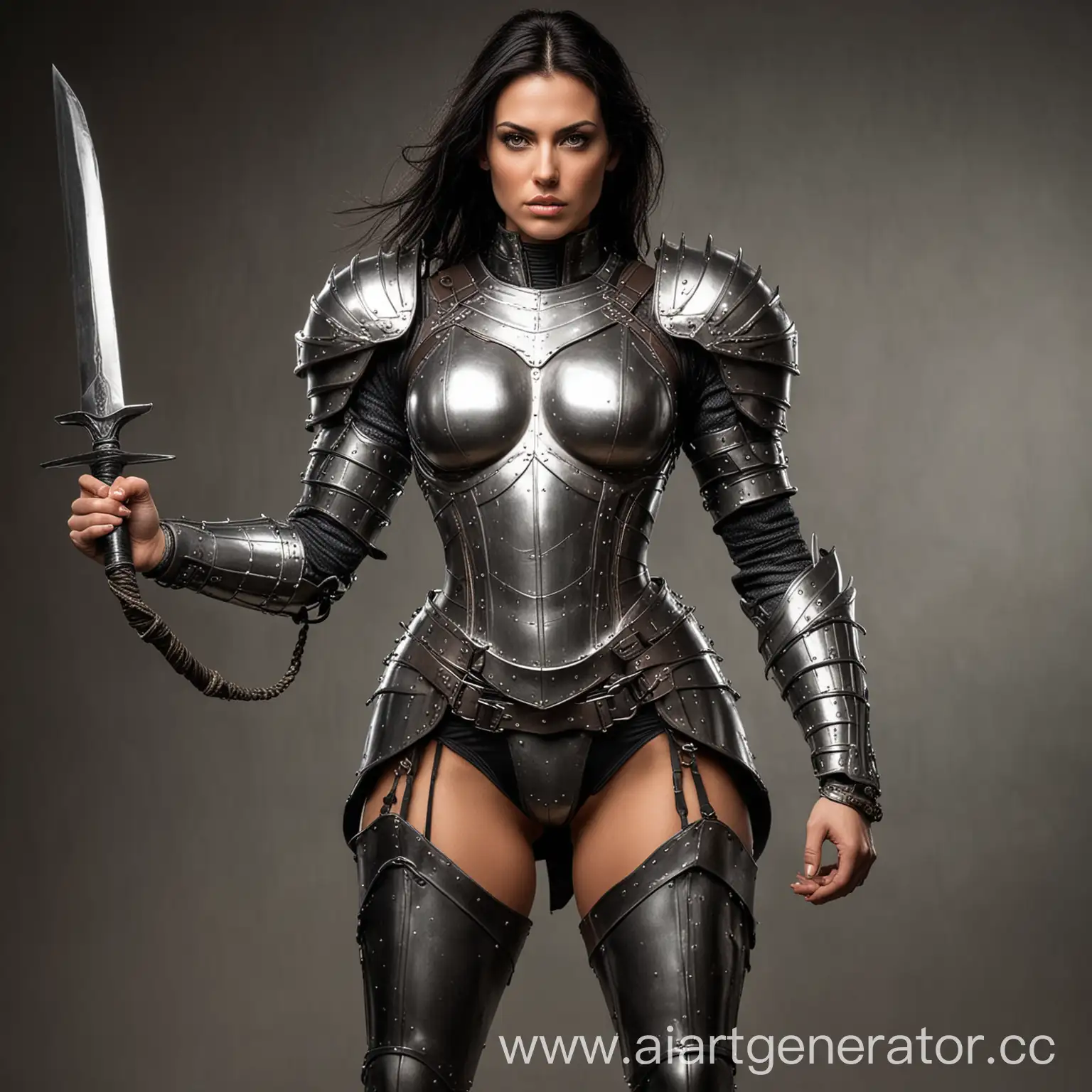 a tall muscular woman with dark hair, dressed in light leather armor, strengthened by steel plates, a woman should have a very good and outstanding figure. her face should show a playful and flirting expression, there should be a whip in the right hand. necessarily! the armor should close as much as possible, protect the character well