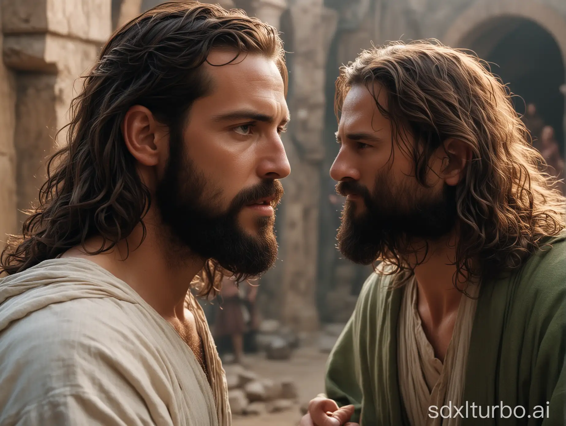 In this image, we see a scene from the movie "The Passion of the Christ". The focus is on two characters: one with long hair and a beard, dressed in a white robe, and another with shorter hair and a beard, wearing a green tunic. They are engaged in what appears to be an intense conversation or confrontation. In the background, other figures can be seen, contributing to the dramatic atmosphere of the scene., Cinematic lighting, Unreal Engine 5, Cinematic, Color Grading, Editorial Photography, Photography, Photoshoot, Shot on 70mm lense, Depth of Field, DOF, Tilt Blur, Shutter Speed 1/1000, F/22, White Balance, 32k, Super-Resolution, Megapixel, ProPhoto RGB, VR, tall, epic, artgerm, alex ross, Halfrear Lighting, Backlight, Natural Lighting, Incandescent, Optical Fiber, Moody Lighting, Cinematic Lighting, Studio Lighting, Soft Lighting, Volumetric, Contre-Jour, dark Lighting, Accent Lighting, Global Illumination, Screen Space Global Illumination, Ray Tracing Global Illumination, Red Rim light, cool color grading 45%,