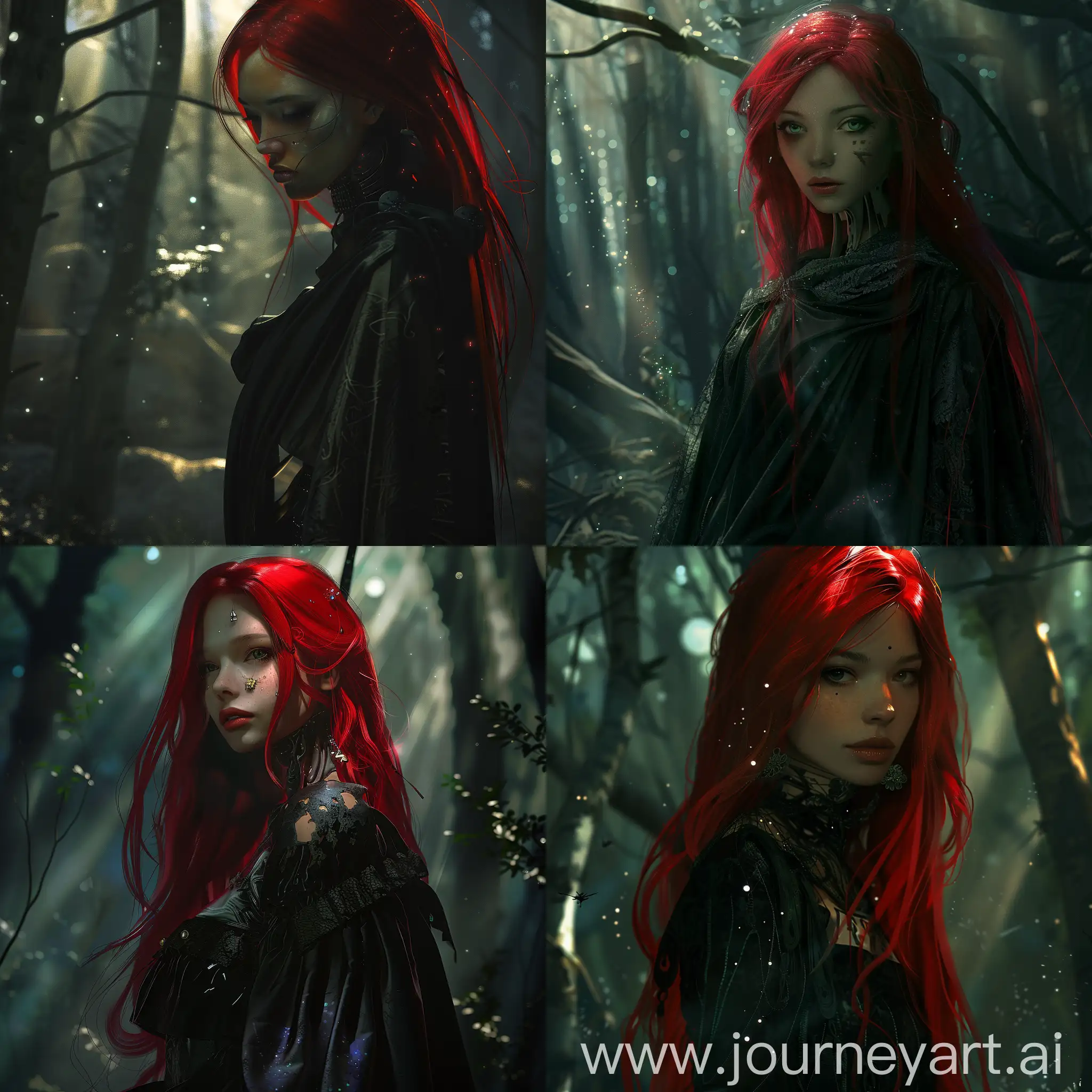 Craft a photo-realistic portrait of a android woman red-haired with a mysterious allure, dressed in dark, flowing garments. Place her in a moonlit forest, with shadows and moonbeams enhancing the enigmatic atmosphere. — ar 3:2 — stylize 400 — style raw — v 6