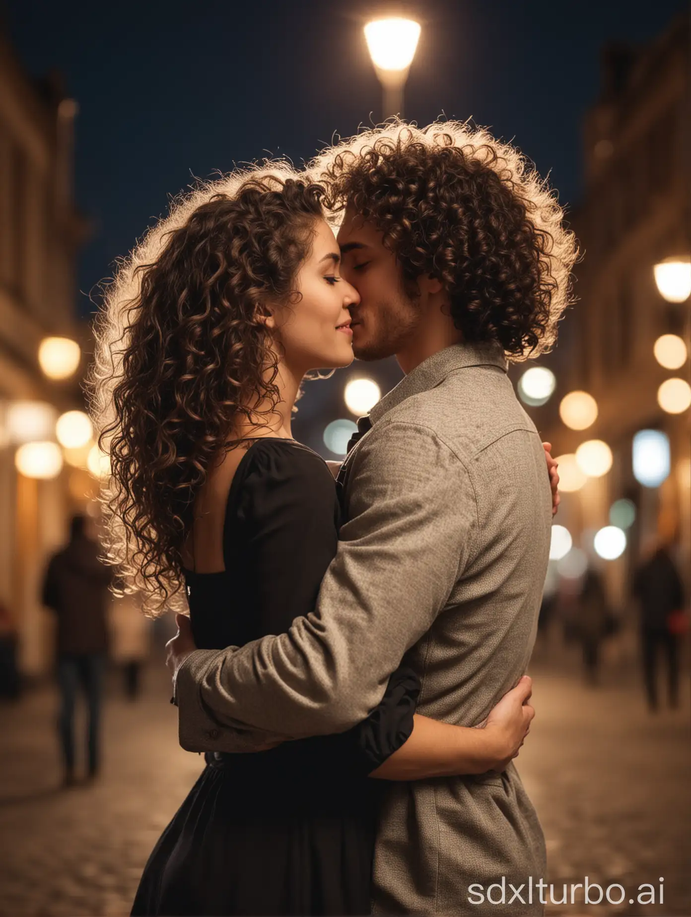 woman and a curly man hugging, romantic, background city light bokeh, back view, view from the back