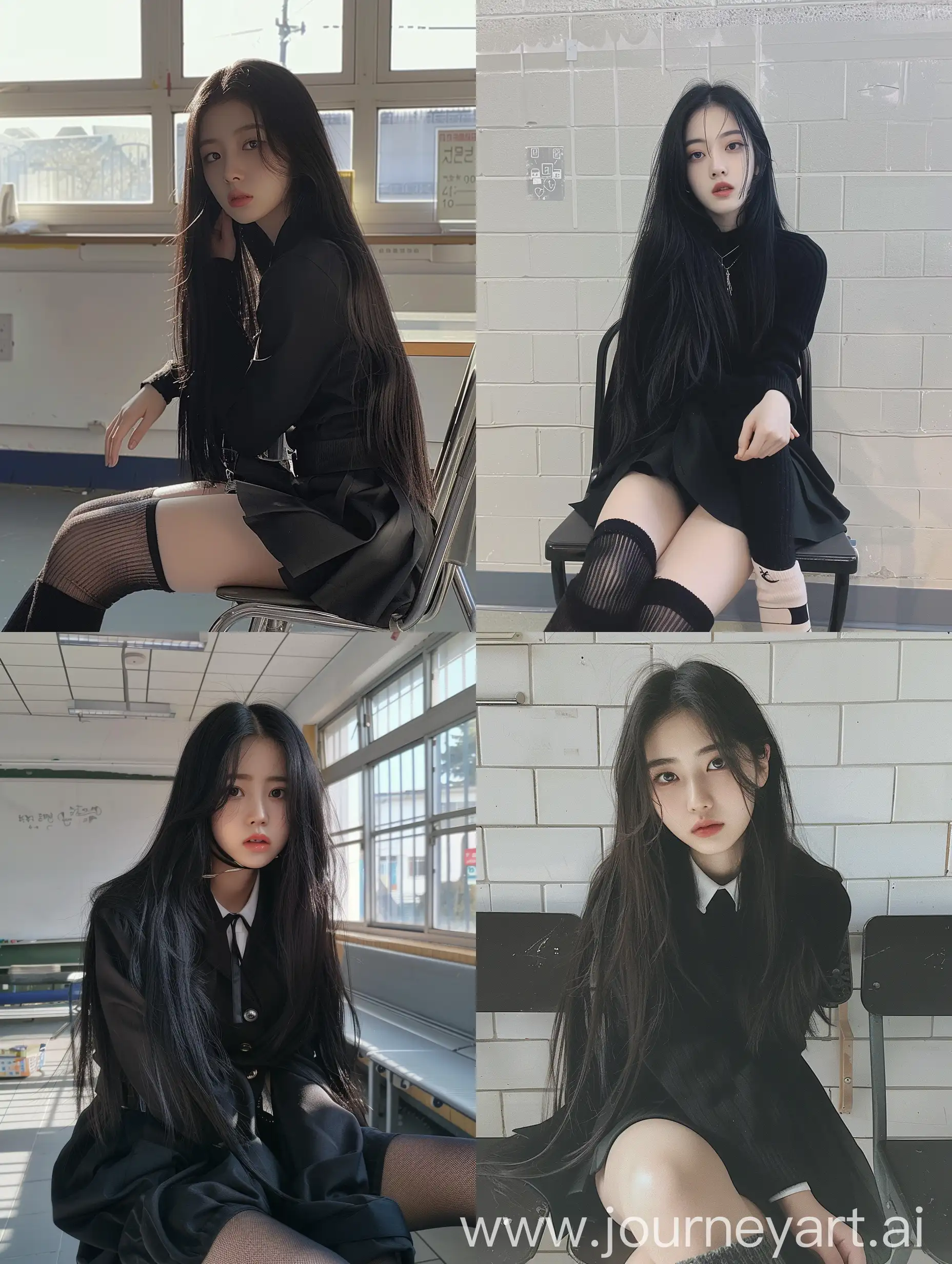 1 korean girl,    long  black hair ,   22  years  old,    influencer,    beauty   ,     in  the  school    ,school black  uniform  ,  makeup,   , sitting  on  chair  ,    socks  and  boots,    no  effect,     selfie   , iphone  selfie,      no  filters ,   iphone  photo    natural