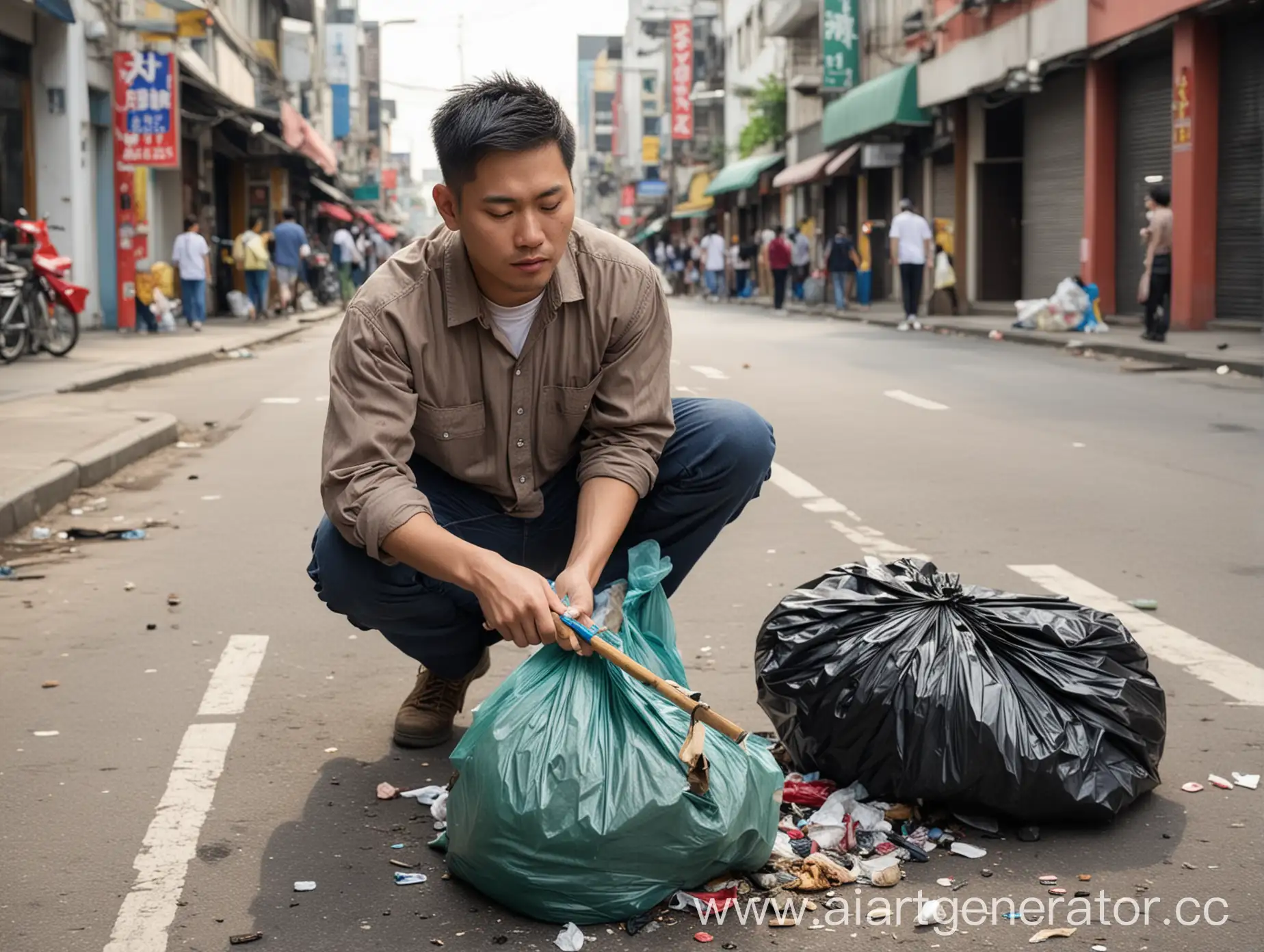 мужчина азиат убирает мусор на улице
