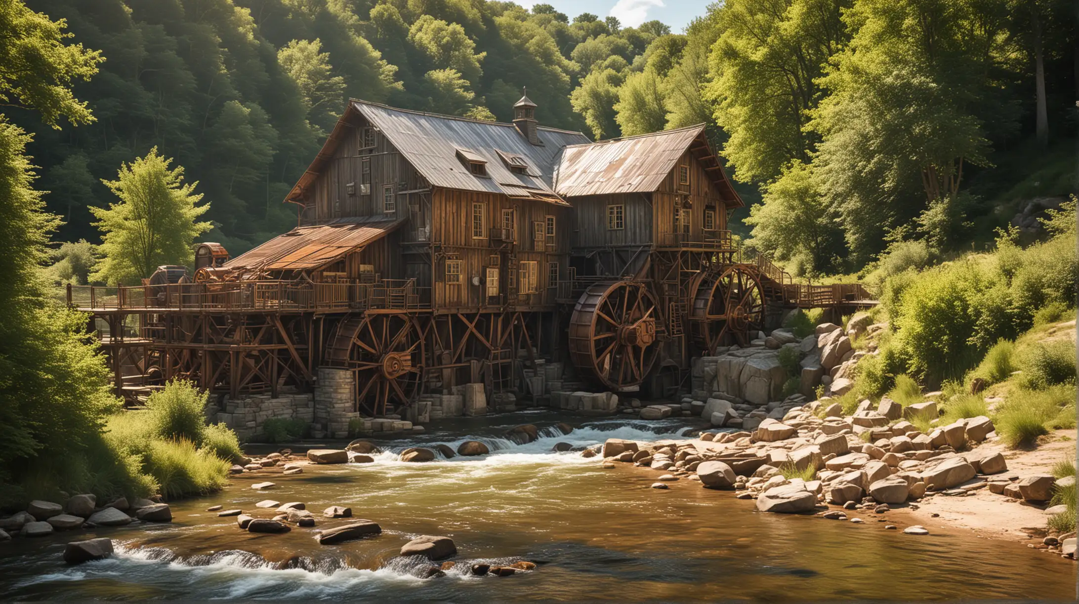 a steampunk water mill by a troubled river, copper, brass, glass, wood, sunny, distant view