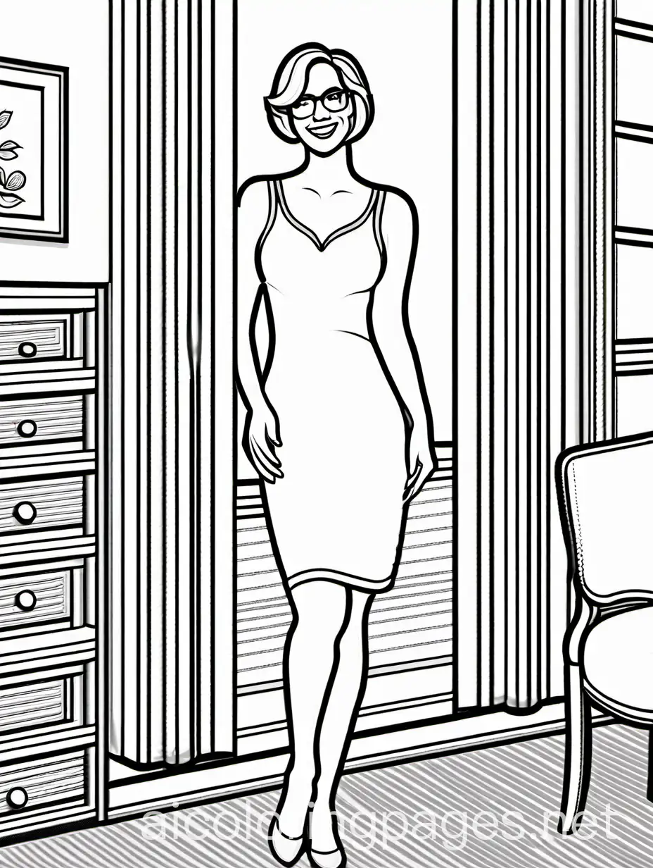 tall, attractive, 50-year-old, woman, blonde, short hair, glasses, lace black bra, short black slip, grey pantyhose, heels, full figure, standing in the bedroom, nice smile, photorealistic, full figure image, from a distance., Coloring Page, black and white, line art, white background, Simplicity, Ample White Space. The background of the coloring page is plain white to make it easy for young children to color within the lines. The outlines of all the subjects are easy to distinguish, making it simple for kids to color without too much difficulty