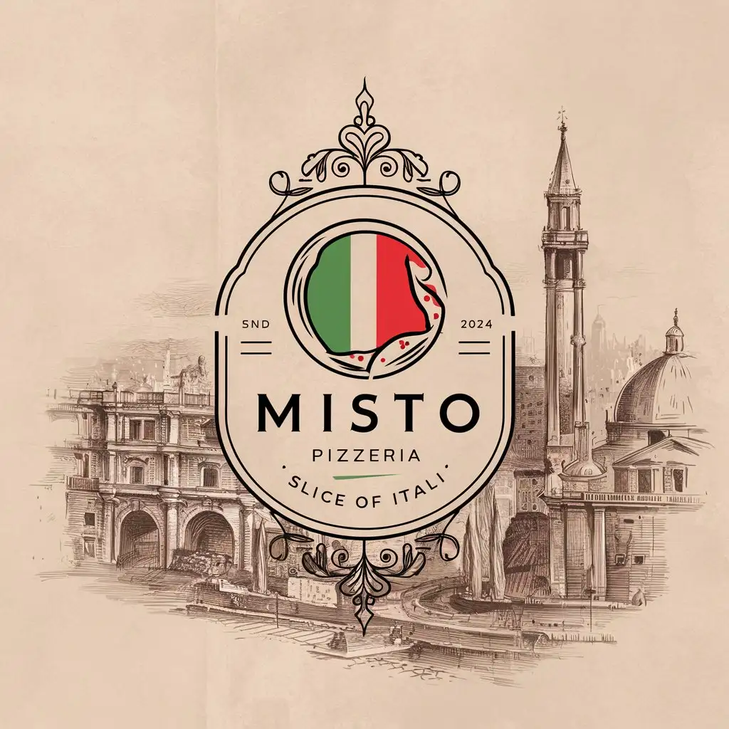 Misto Pizzeria Minimalist Emblem Ornament with Slice of Italy Slogan