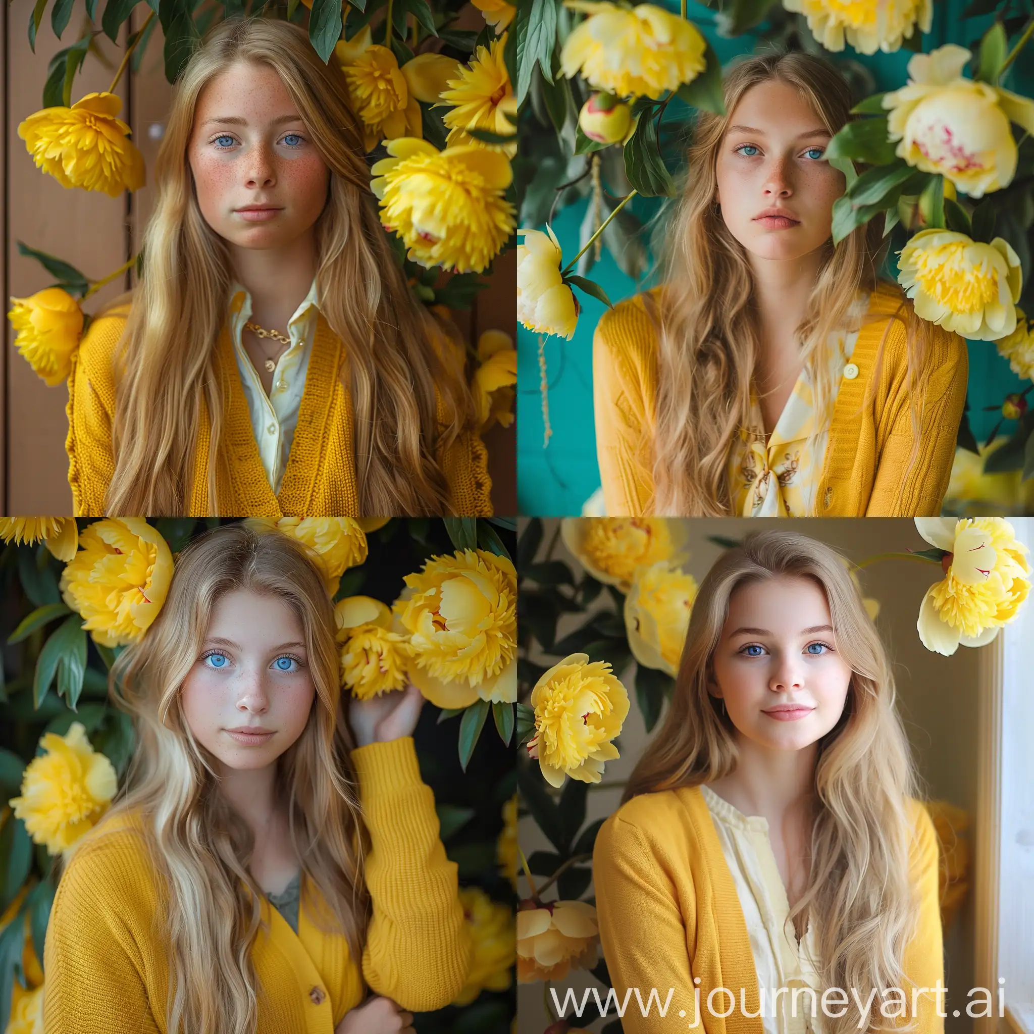 Девушка лет 19, студентка, спокойствие, желтый, умиротворение, блондинка, голубые глаза, желтые пионы, желтый кардиган, длинные волосы