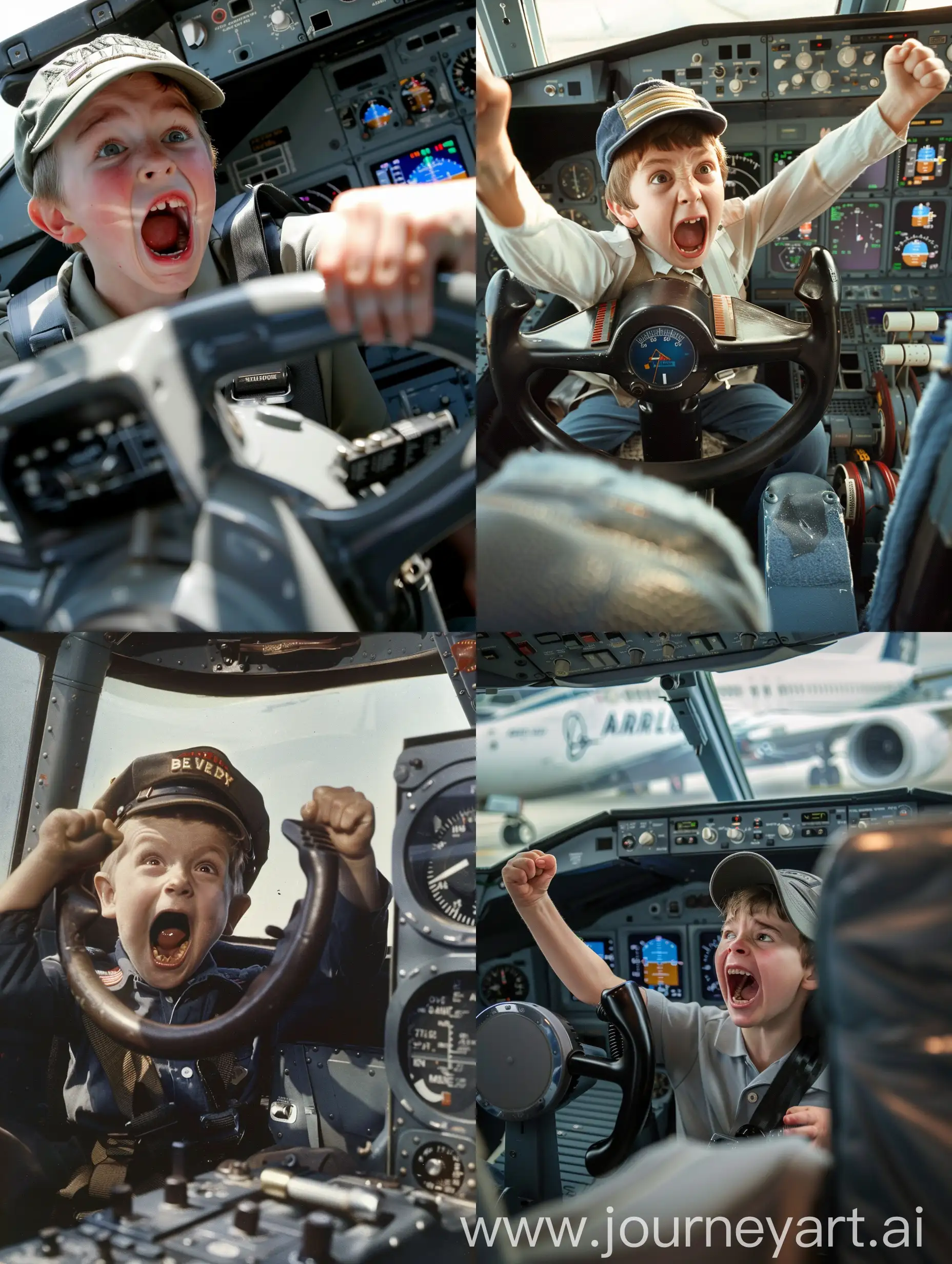 A boy in a pilot's cap screams mouth open wide while sitting in the cockpit of a Boeing plane and holds onto the steering wheel of an airplane
