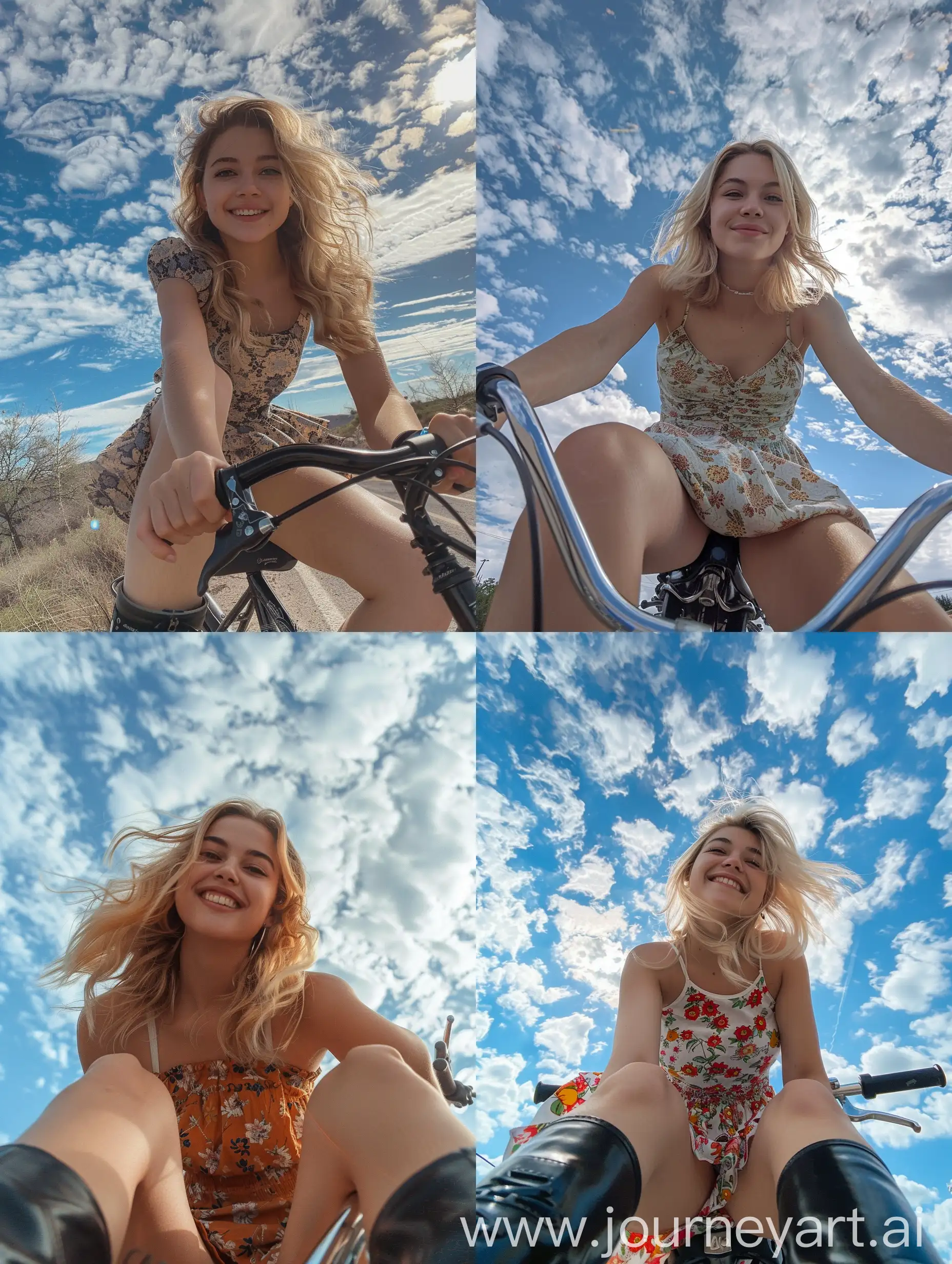 a girl, 22 years old, blonde hair, small dress, black boots, smiling, , sitting on a bicycle, no effects, selfie , iphone selfie, no filters, natural , iphone photo natural, camera down angle, sky view, down view