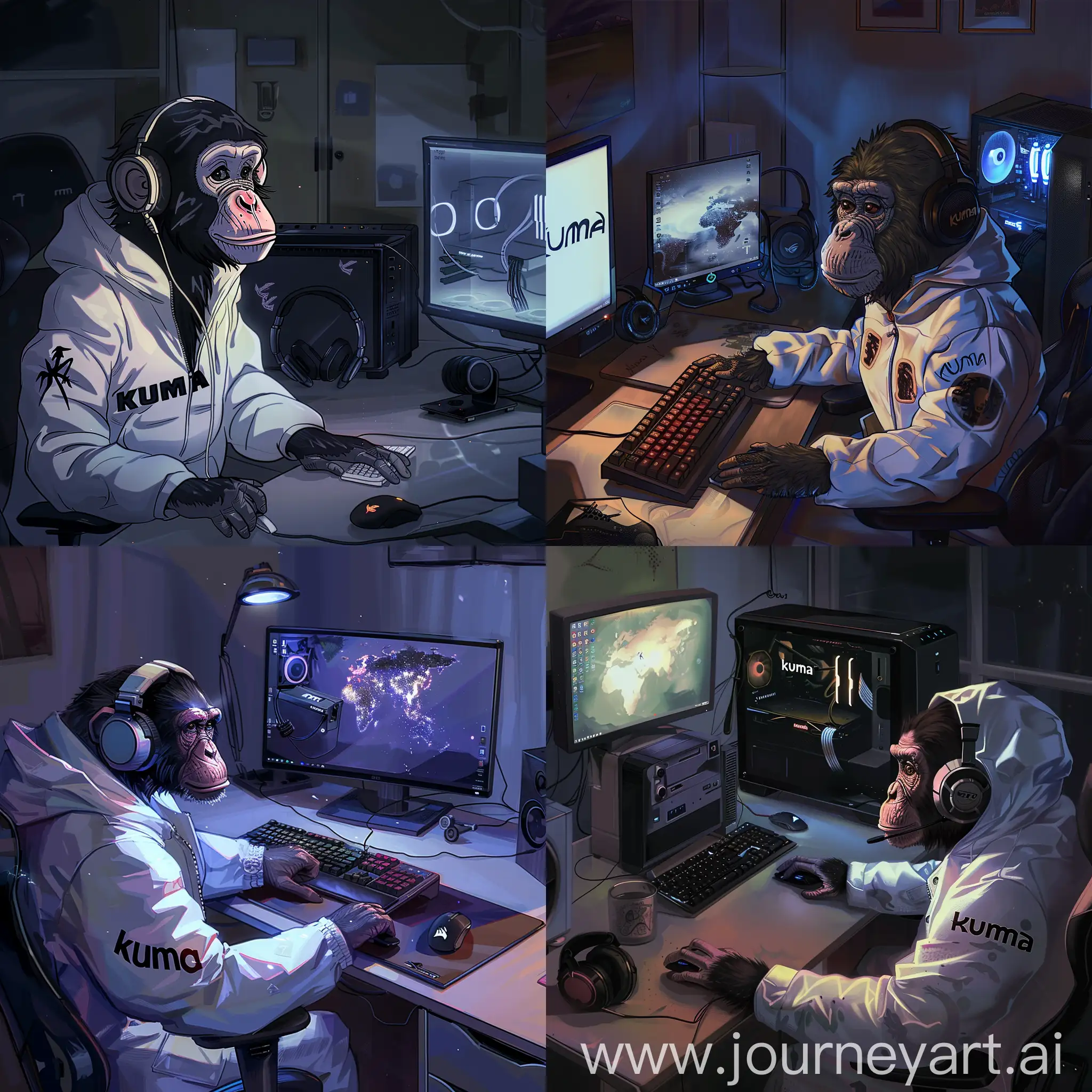 a monkey in a white jacket and the inscription “kuma” on it, she also sits at a computer desk and you can see a monitor and next to a headset, a keyboard and a mouse and a gaming PC, then she sits and the room is dark