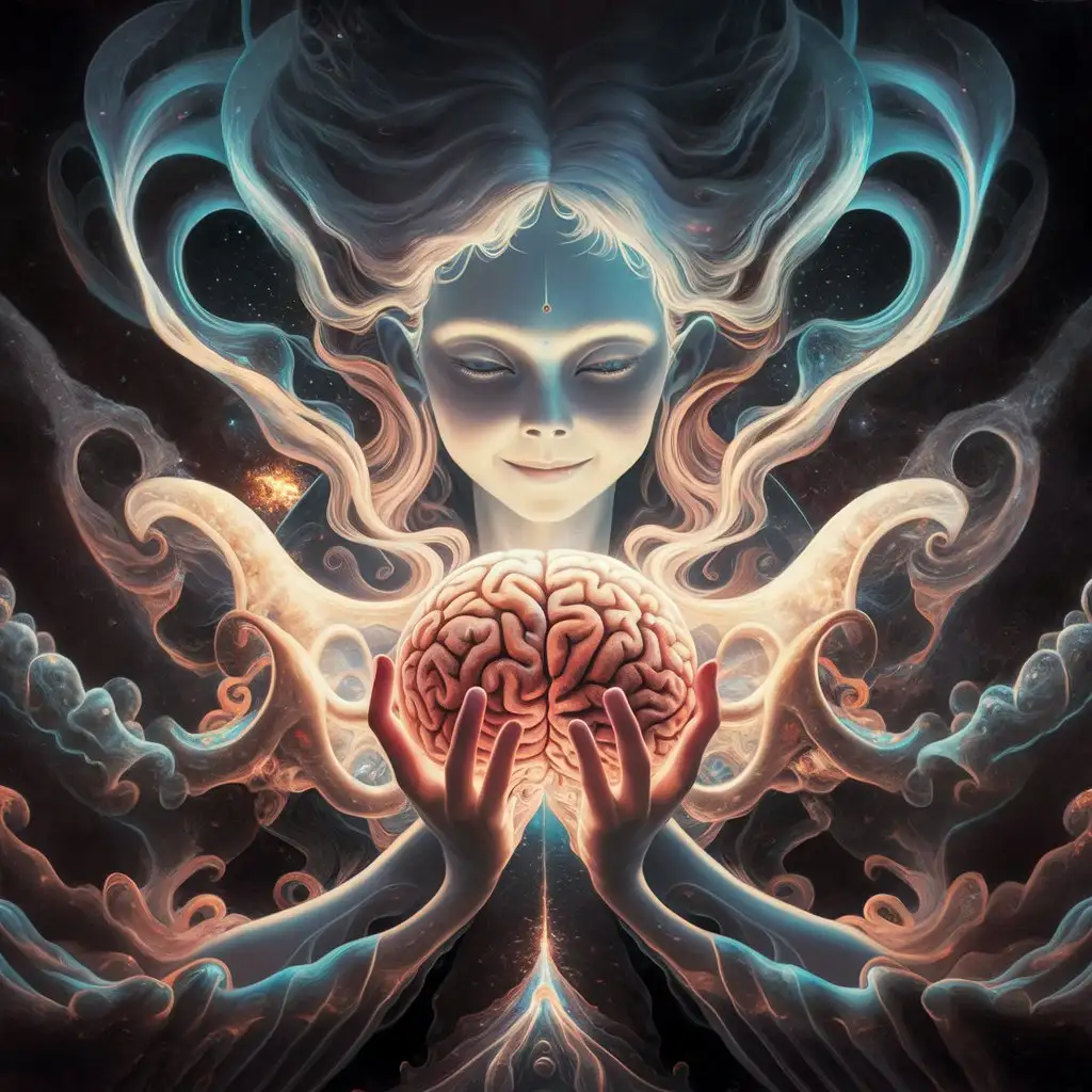Transcendent Woman Holding Brain DMT Enlightenment Art