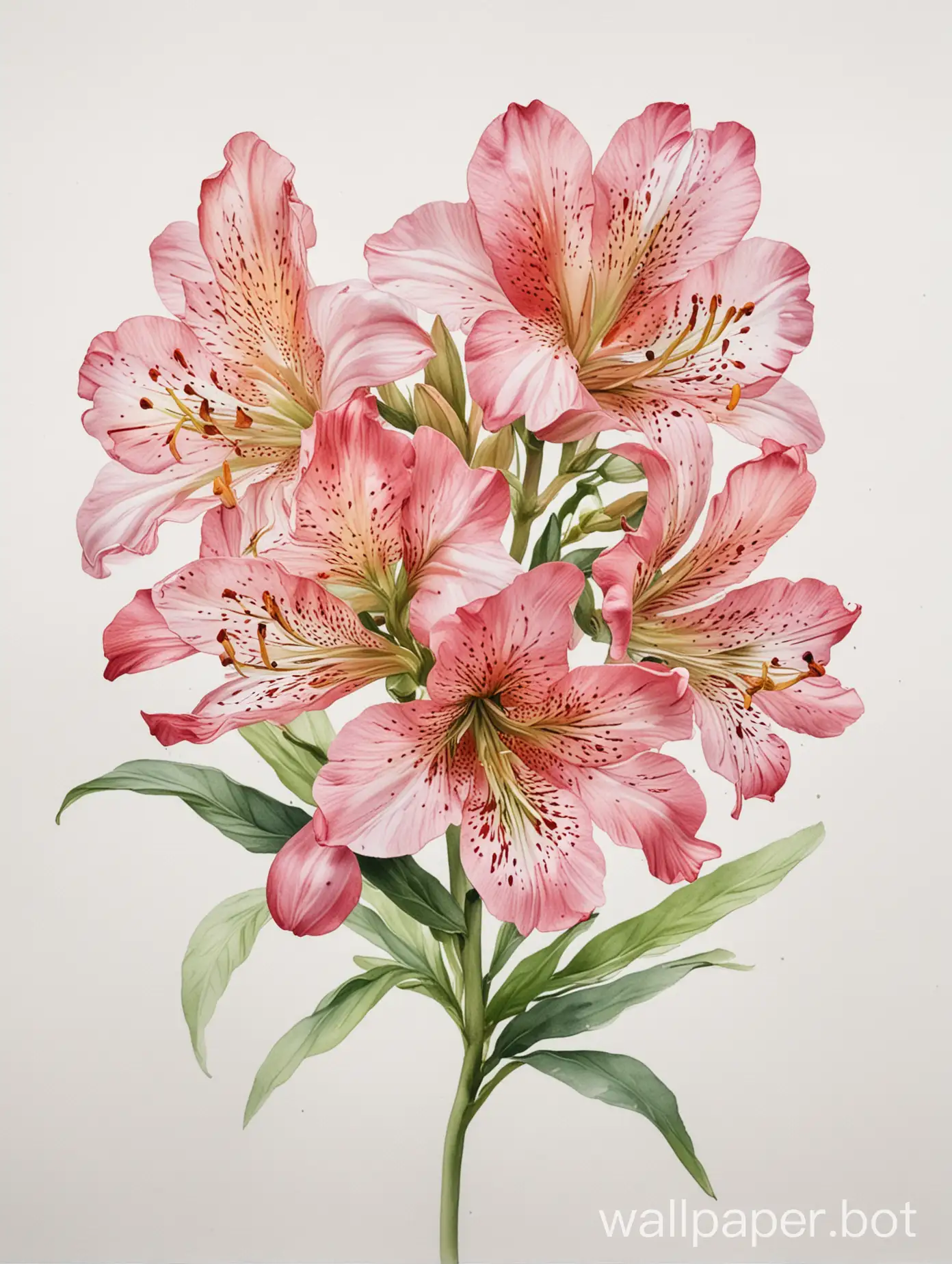 pinks Alstroemeria, fluid watercolor, delicate, scientific illustration, white background