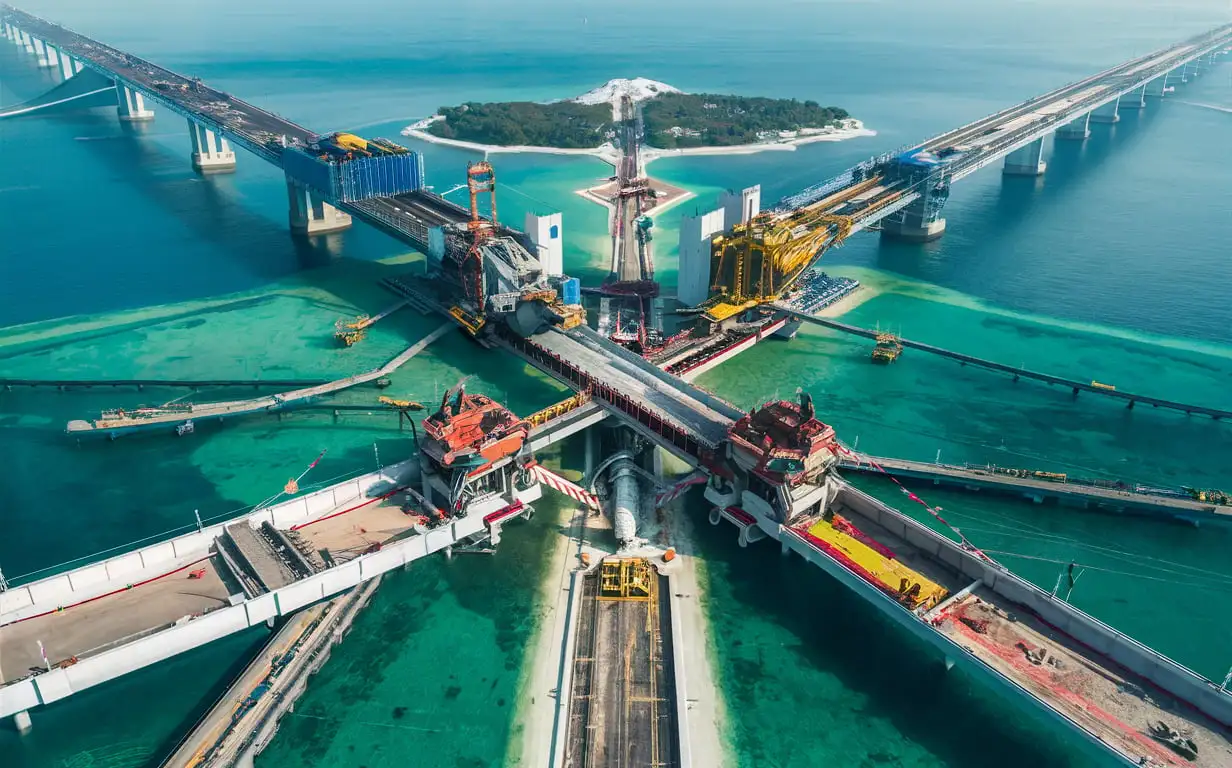 on-going construction of a real  mega sea bridge on sea, with an artificial island and an undersea tunnel, the longest in the world, showcasing advanced technology and machinery clear as day