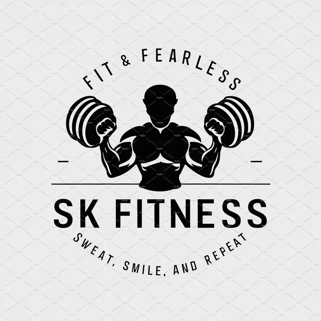a logo design,with the text "Sk fitness", main symbol:create a round logo  with dumbell pic lifting by jacked person in middle and in top include fit & fearless, in bottom include sweat,smile and repeat,Moderate,be used in Sports Fitness industry,clear background