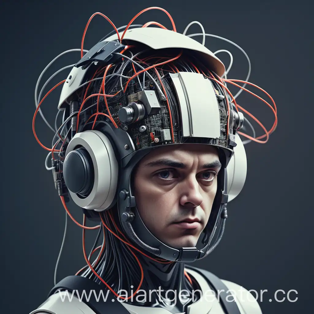 человек, на голове которого объемный шлем, от которого отходят провода во все стороны, умно и аккуратно выглядит, футуризм