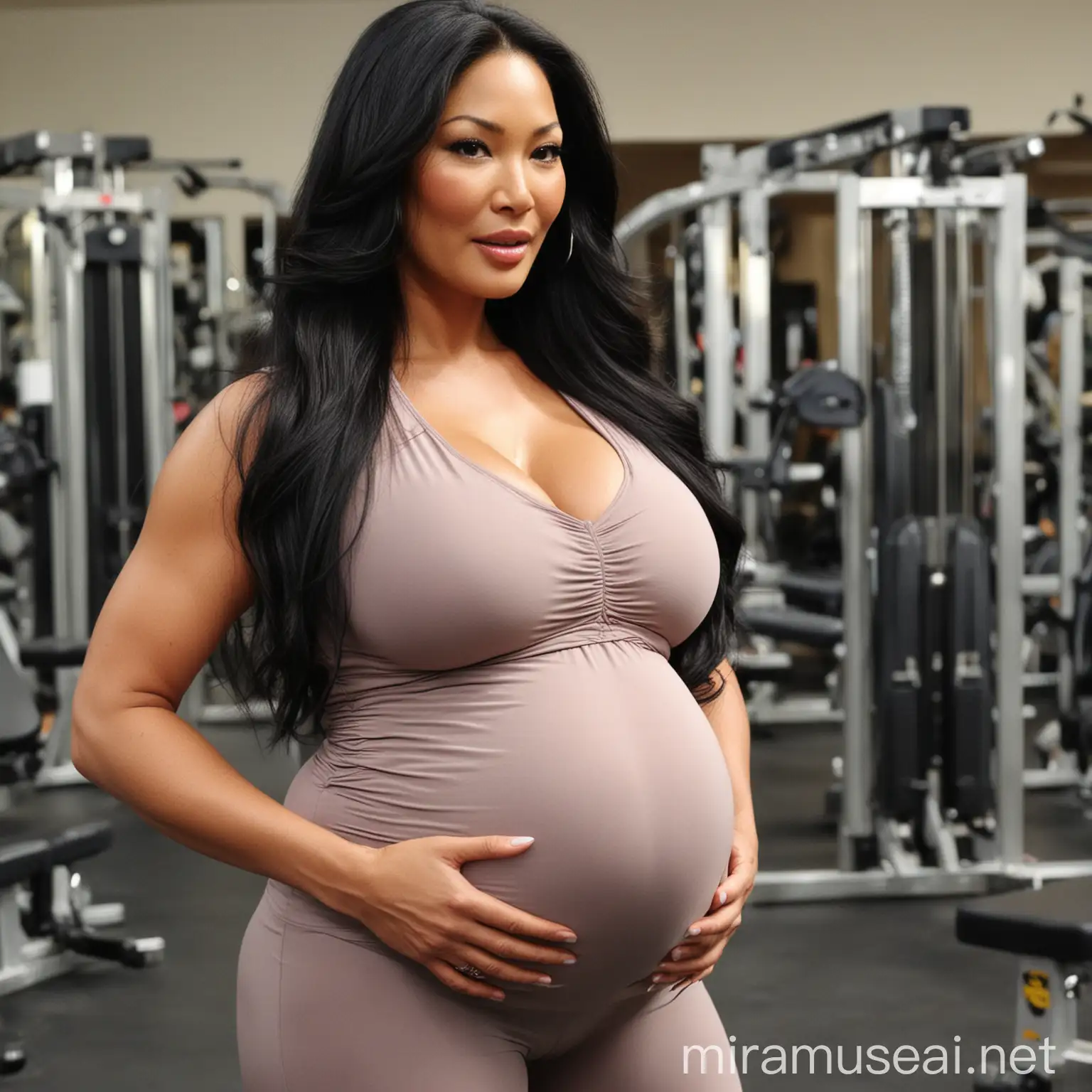 Kimora Lee Simmons in the gym, wearing a blouse, nine months pregnant, long straight hair, big huge massive pregnant belly, giant breasts, zoomed in close from the waist up
