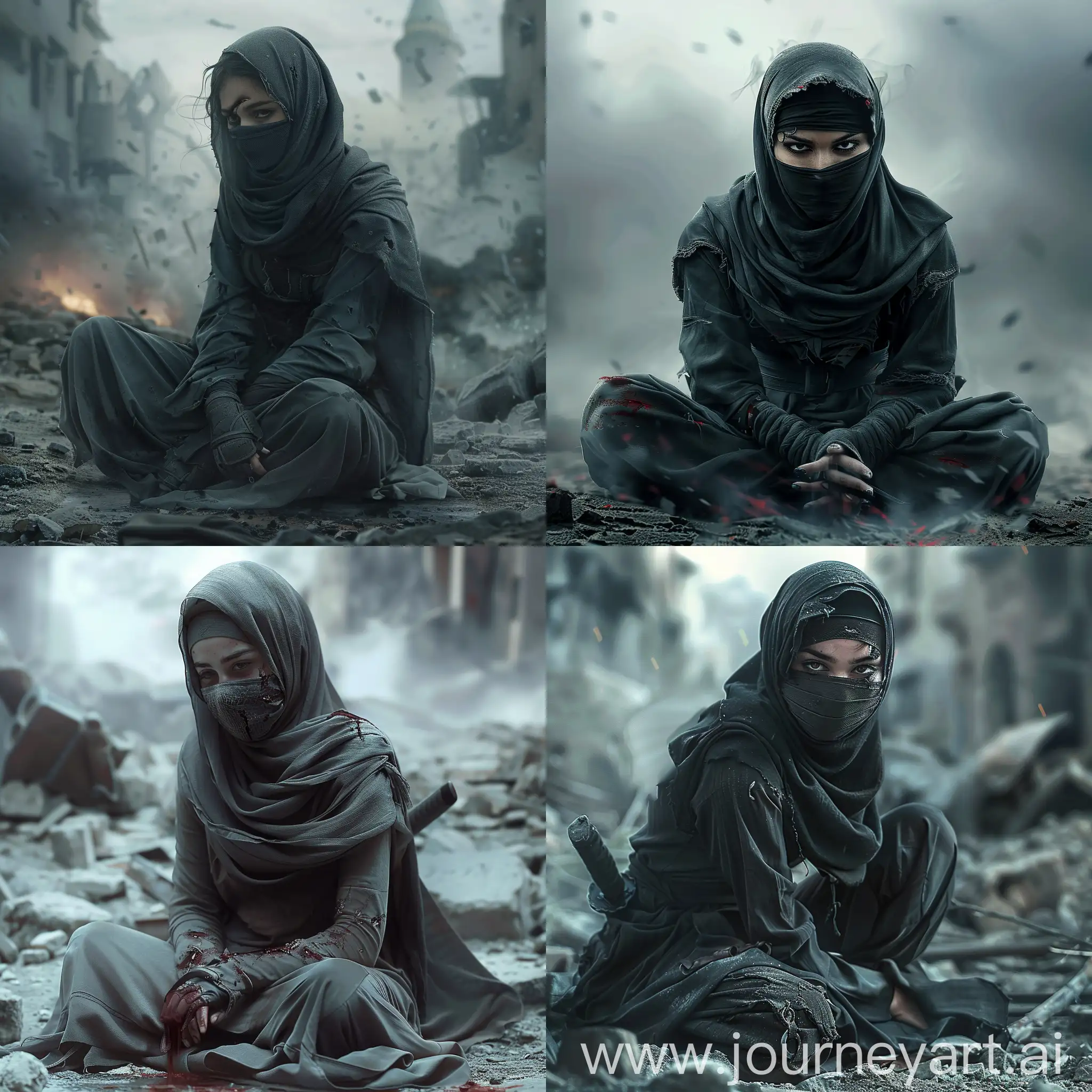 Seorang ninja wanita hijab yang terluka dengan topengnya dilepas duduk berlutut di medan perang yang tragis, rasa pedih, realisme, efek tingkat bioskop, ukuran wallpaper ponsel