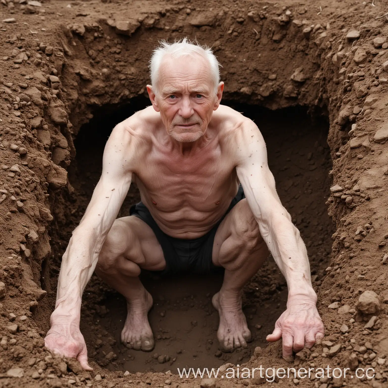 Очень бледный, старческого возраста мужчина, вылезающий из под земли. Можно увидеть морщинестые брови и хорошие мускулы