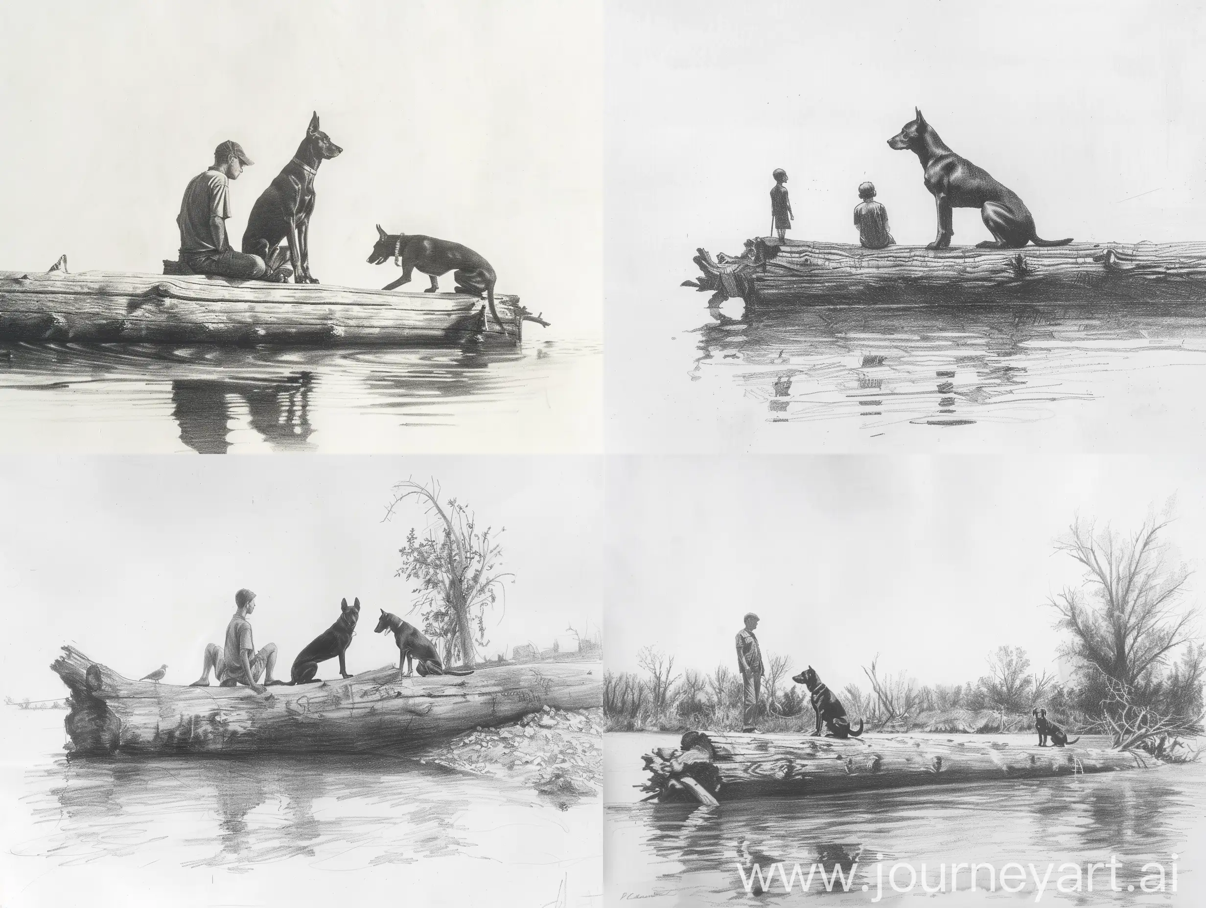 People-and-Doberman-on-Log-by-River-Minimalist-Pencil-Drawing