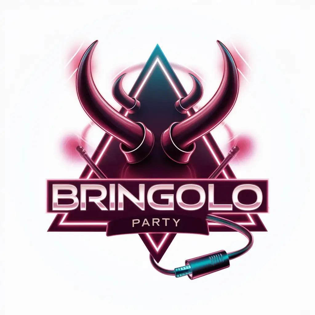 logo for the music event called BRINGOLO PARTY, with a triangle with horns and a jack cable, in dark neon mode