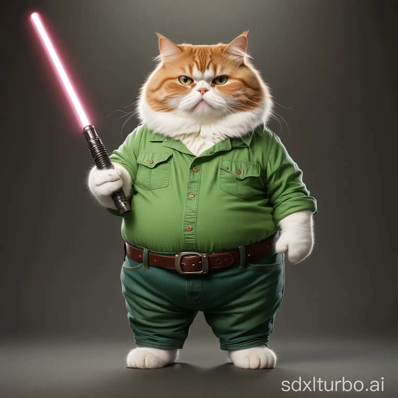 fat cat in Green jeans Holding a Light saber