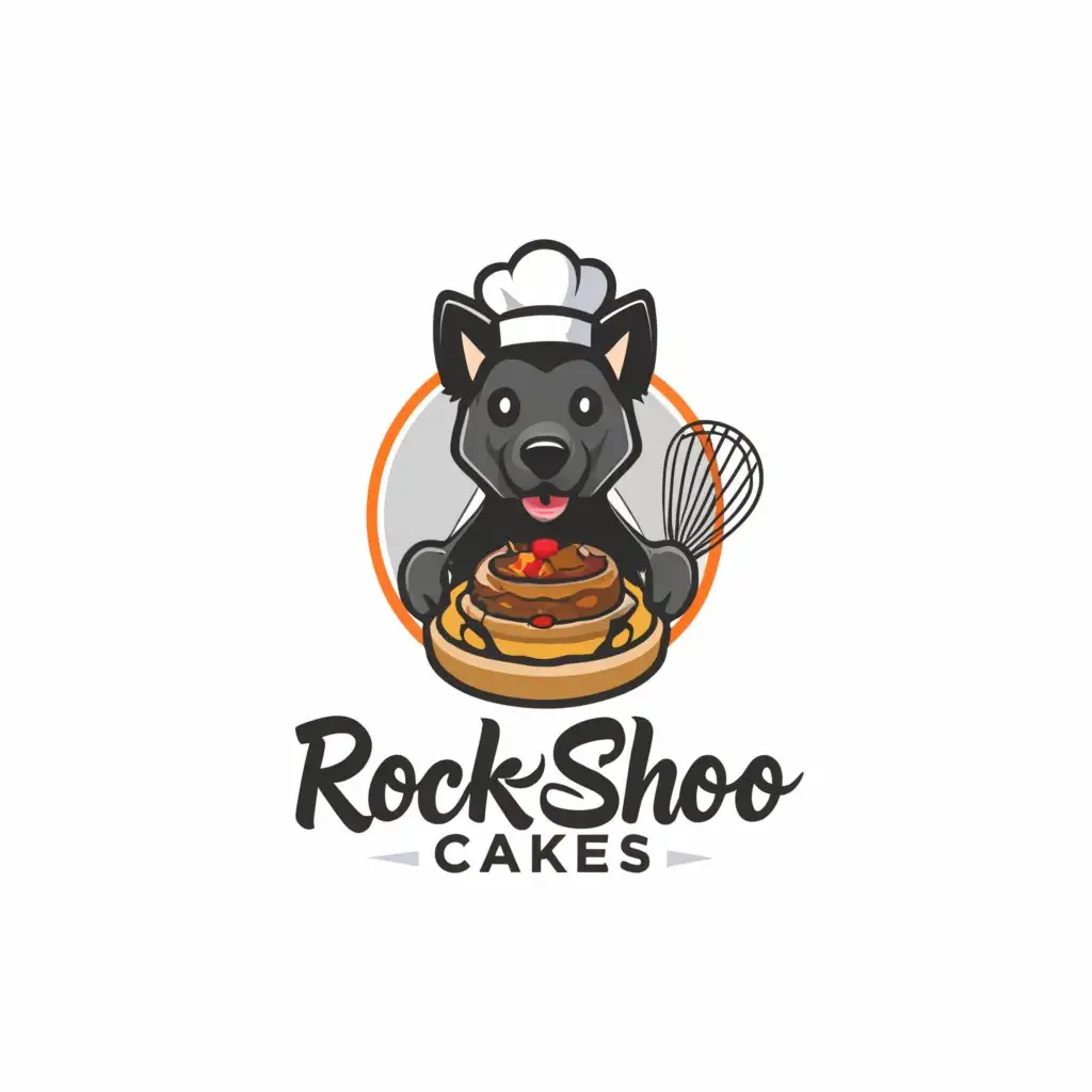 a logo design,with the text "rocksho cakes", main symbol:black German shepherd baker dog,Moderate,clear background