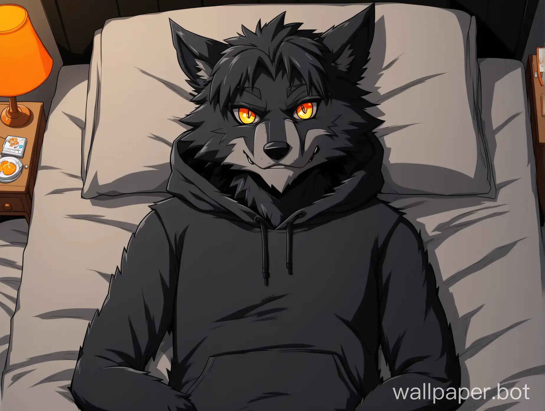 male black Timberwolf furry character with all black fur and orange-colored eyes wearing a black hoodie lying in bed fully body shot top view in a cartoony anime style