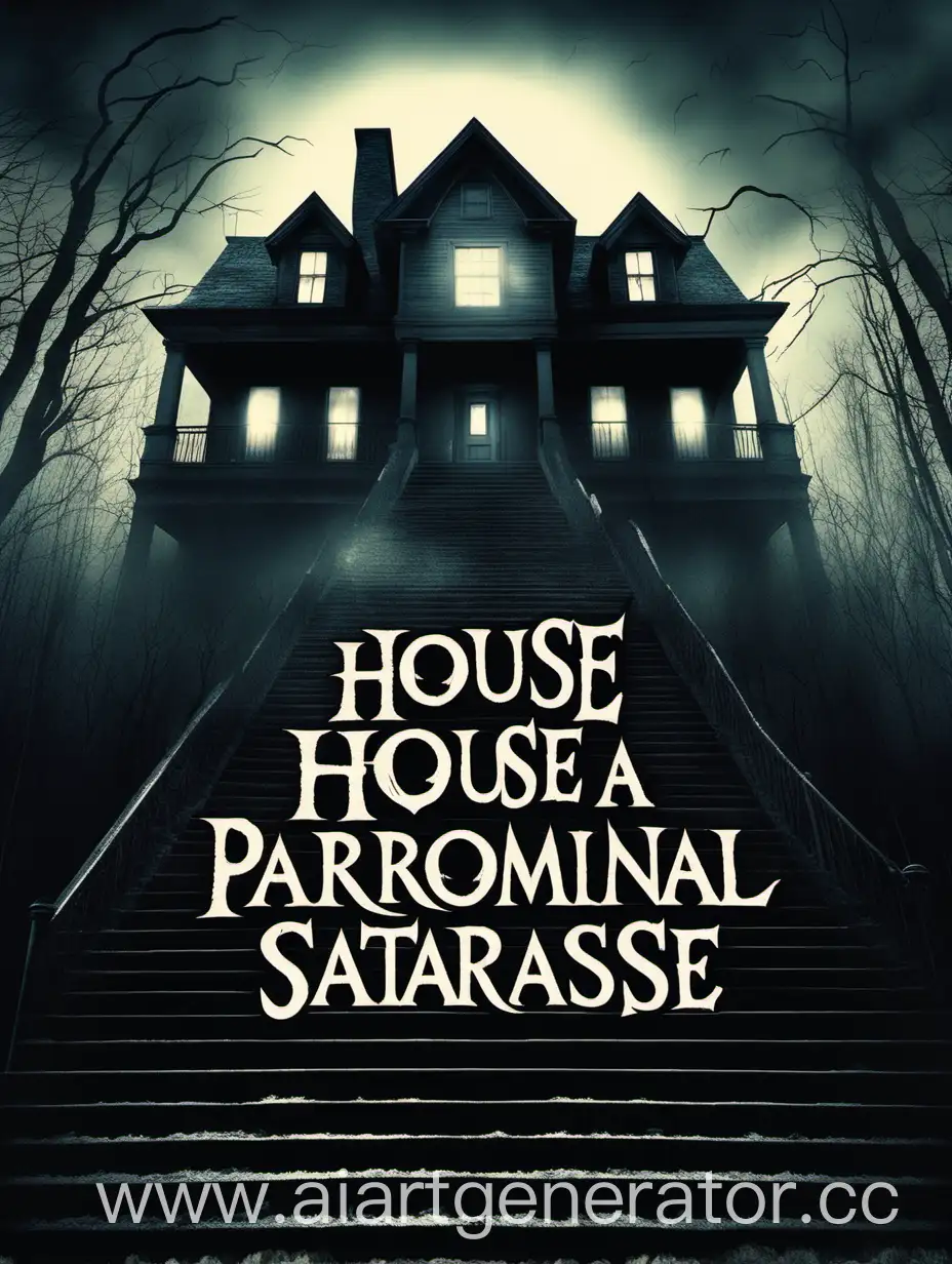 Заставка для фильма ужасов с большой надписью "дом с паранормальной лестницей"