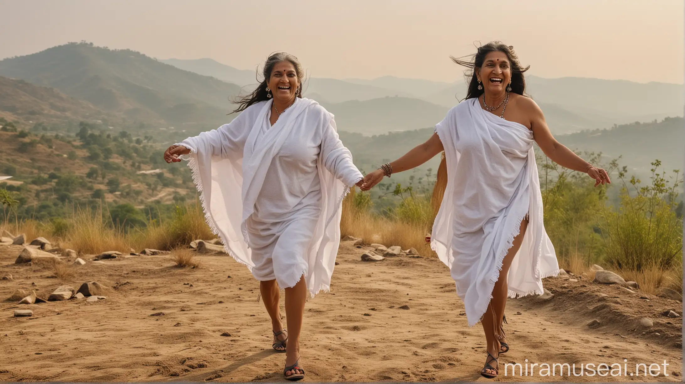 
indian  fat mature female mother   aged 67. she is riding a horse . she is happy and laughing  wearing high heels. she has long hair , she is wearing mangal sutra ,bindi and chudi,wearing payal on feet aslo .she is wearing a transparent a white bath towel on her chest. she is in hill side.