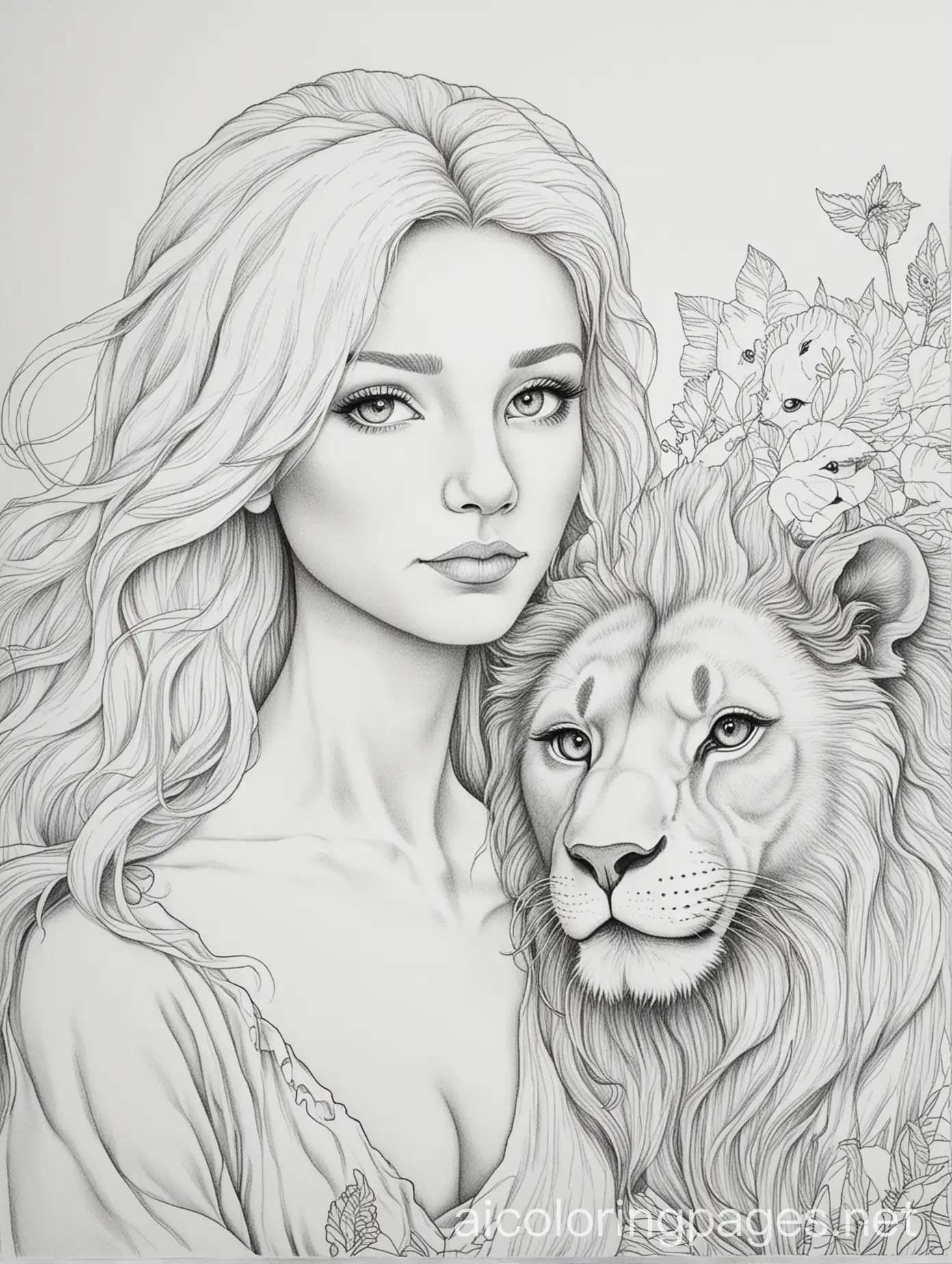 lion and white haired lady adult colouring page line art , Coloring Page, black and white, line art, white background, Simplicity, Ample White Space. The background of the coloring page is plain white to make it easy for young children to color within the lines. The outlines of all the subjects are easy to distinguish, making it simple for kids to color without too much difficulty