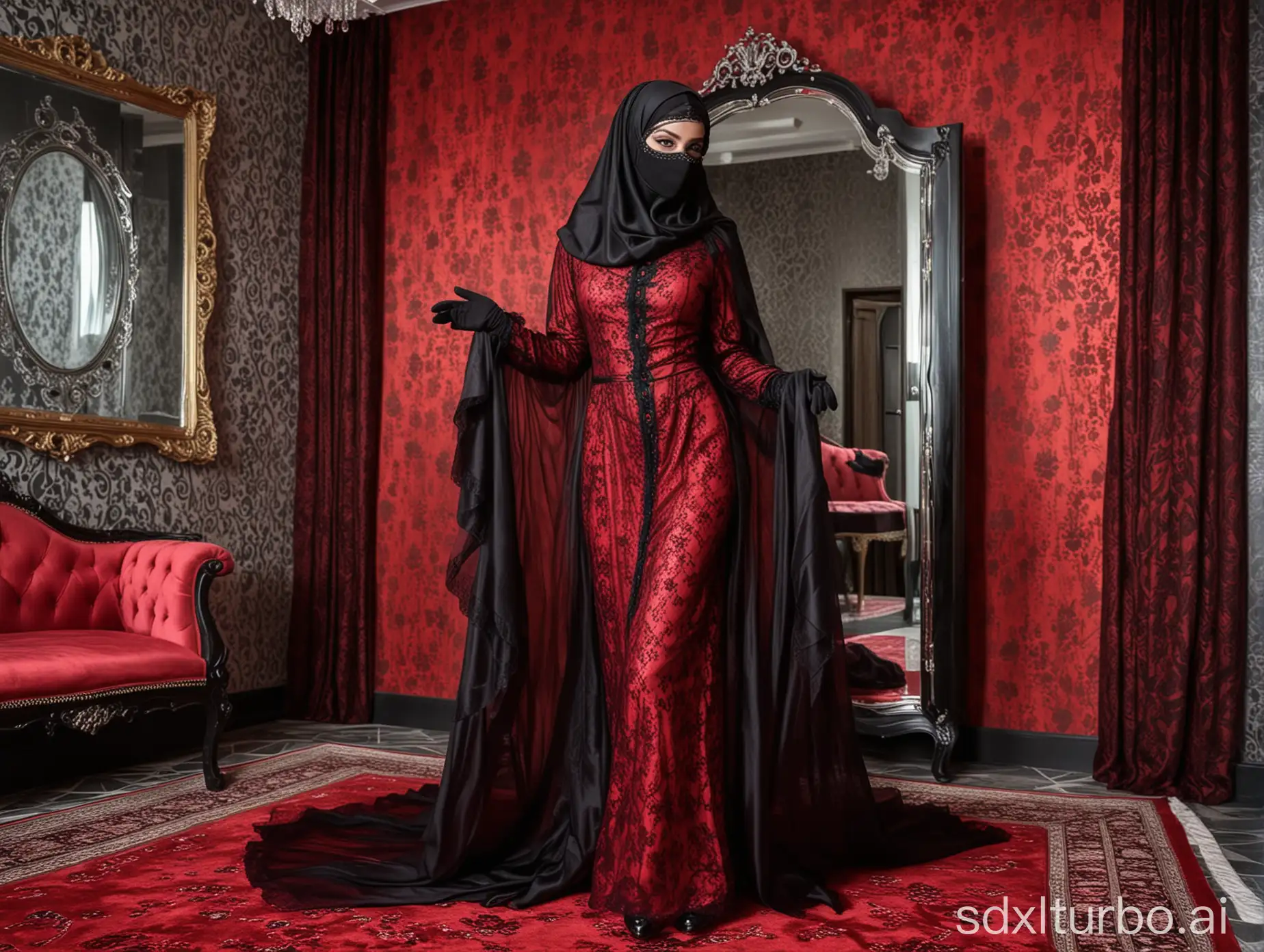 Feminized man, standing sissy, small chest, Personality erased and encased in red translucent night abaya, blue eyes, black niqab, mask on mouth, lace transparent veil mask on eyes, high heels shoes.
Black gloves.
Luxury room, marbled wall, with red satin bed.
Mirror in the background.
