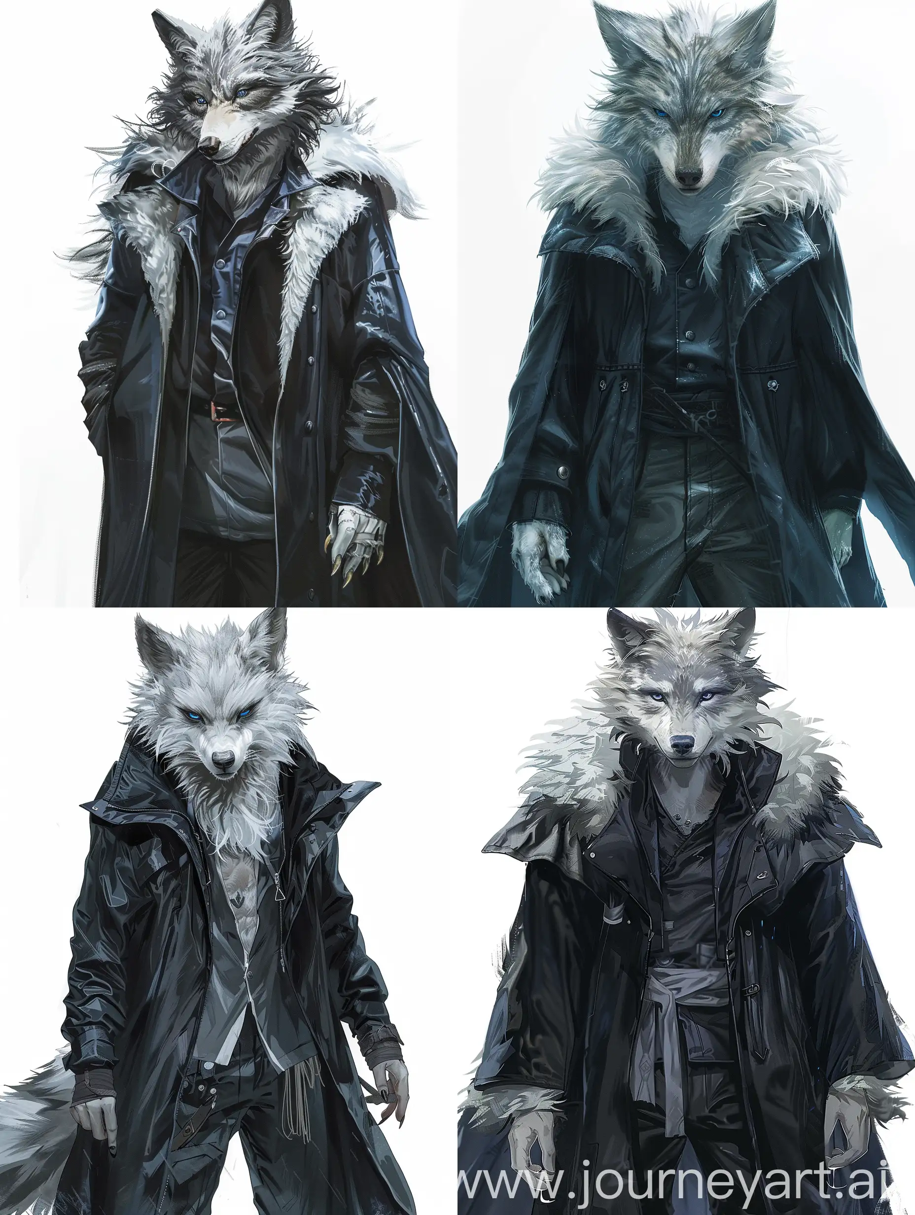 Medieval, village, fantasy,furry, magic, anime style-realism, on a white background a tall, fit, thin furry wolf with gray and white fur, a cold expression on his face, in a long black raincoat, shirt and pants, dark blue eyes, fluffy fur, a healer Face up close, detailed