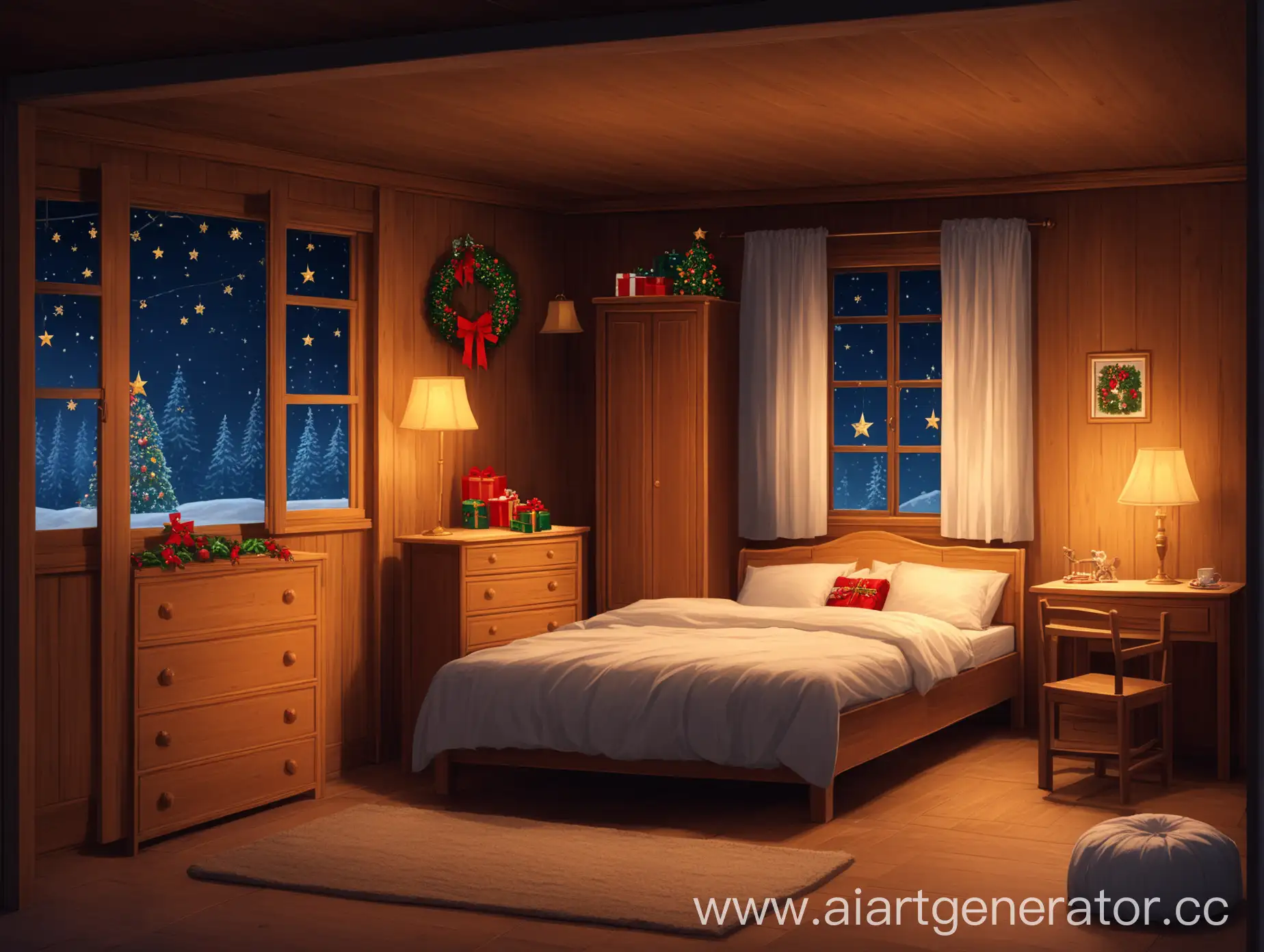 Wooden room with a bed and cozy furniture, it’s night outside the window, there’s a closet in the corner, Holiday mood 