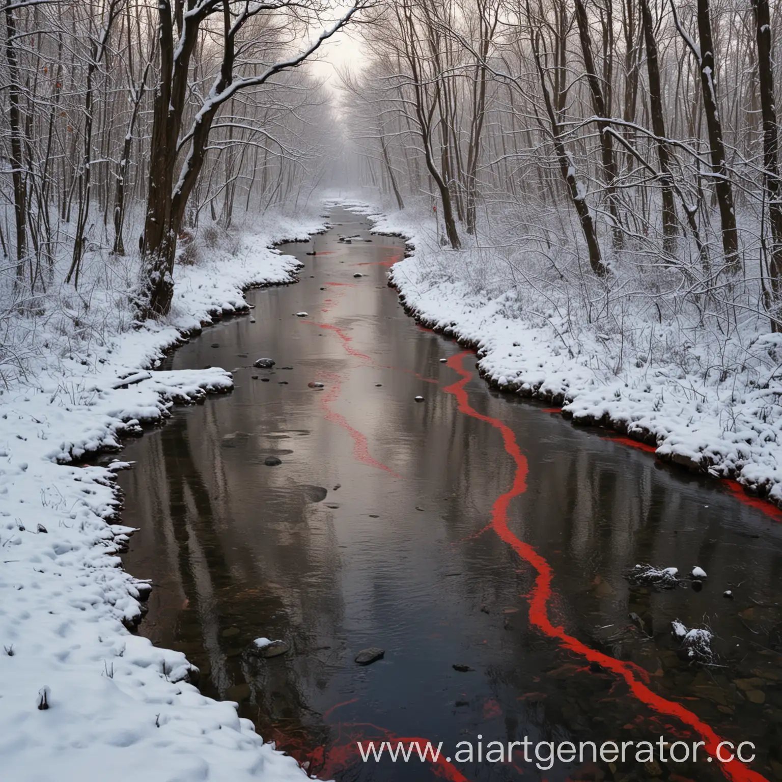 Winter-Forest-Landscape-with-Red-Traces-Along-the-Riverbank