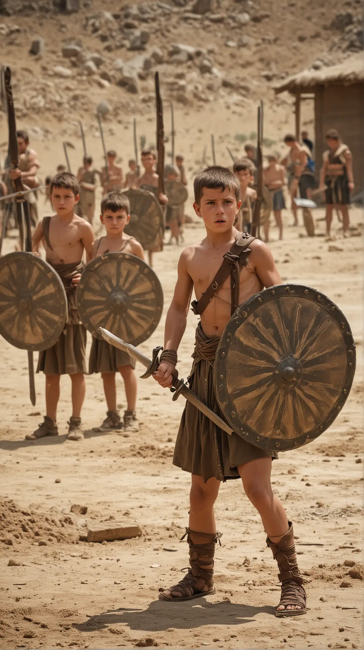 Spartan Warrior Training Young Boys in Agoge Practice with Swords and Shields