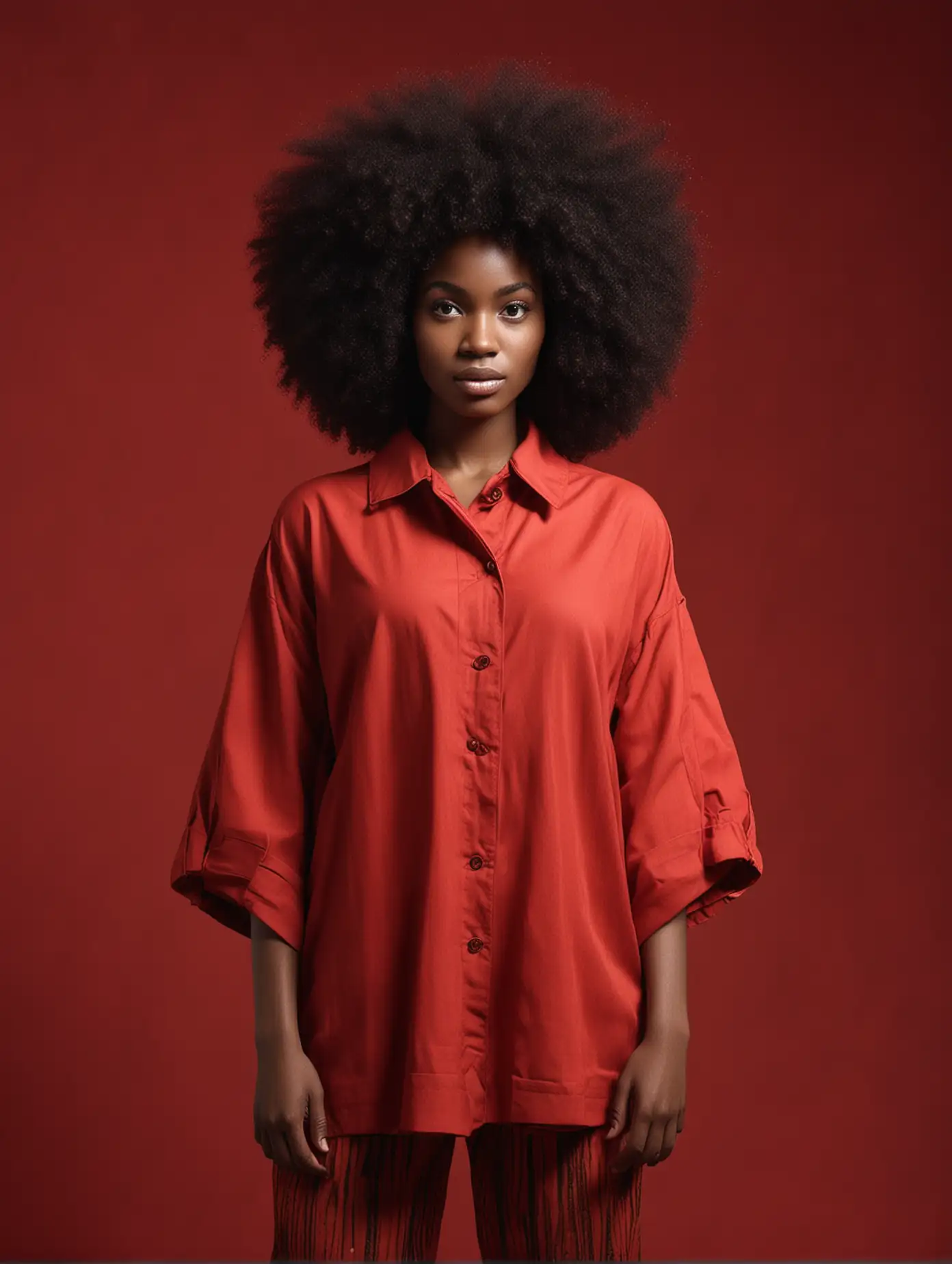 dark female model with tall african hair, in a red photo studio, model is wearing oversized clothes from year 3000, ultra realistic photo, v6, cinematic light, add more space around model, model is posing funny and wild like in the 60s