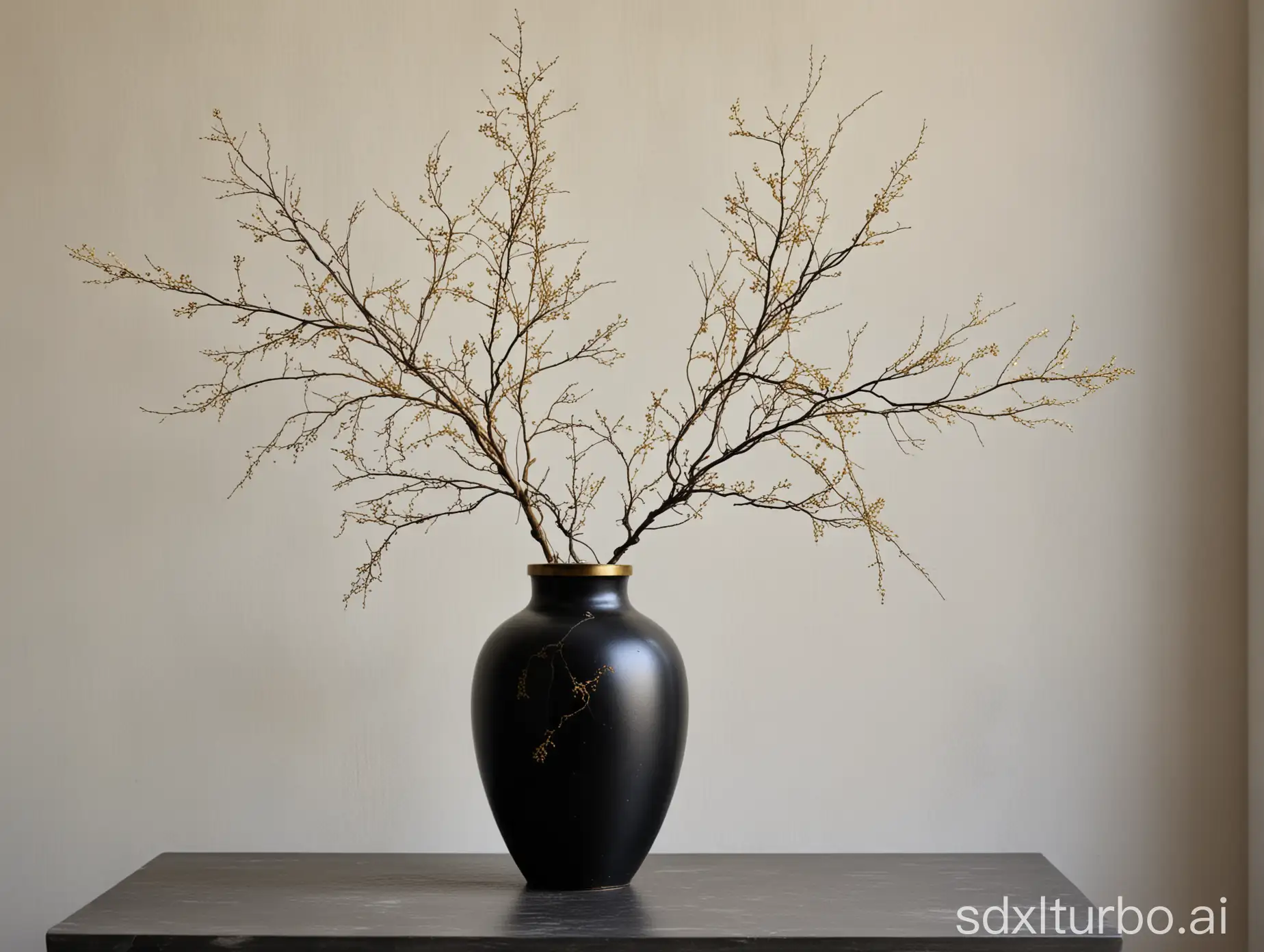 arrangement with a vase in a small room, in the style of nature-inspired abstractions, light black and gold, nature-inspired installations, twisted branches, rogier van der weyden, soft and dreamy tones, textural detail